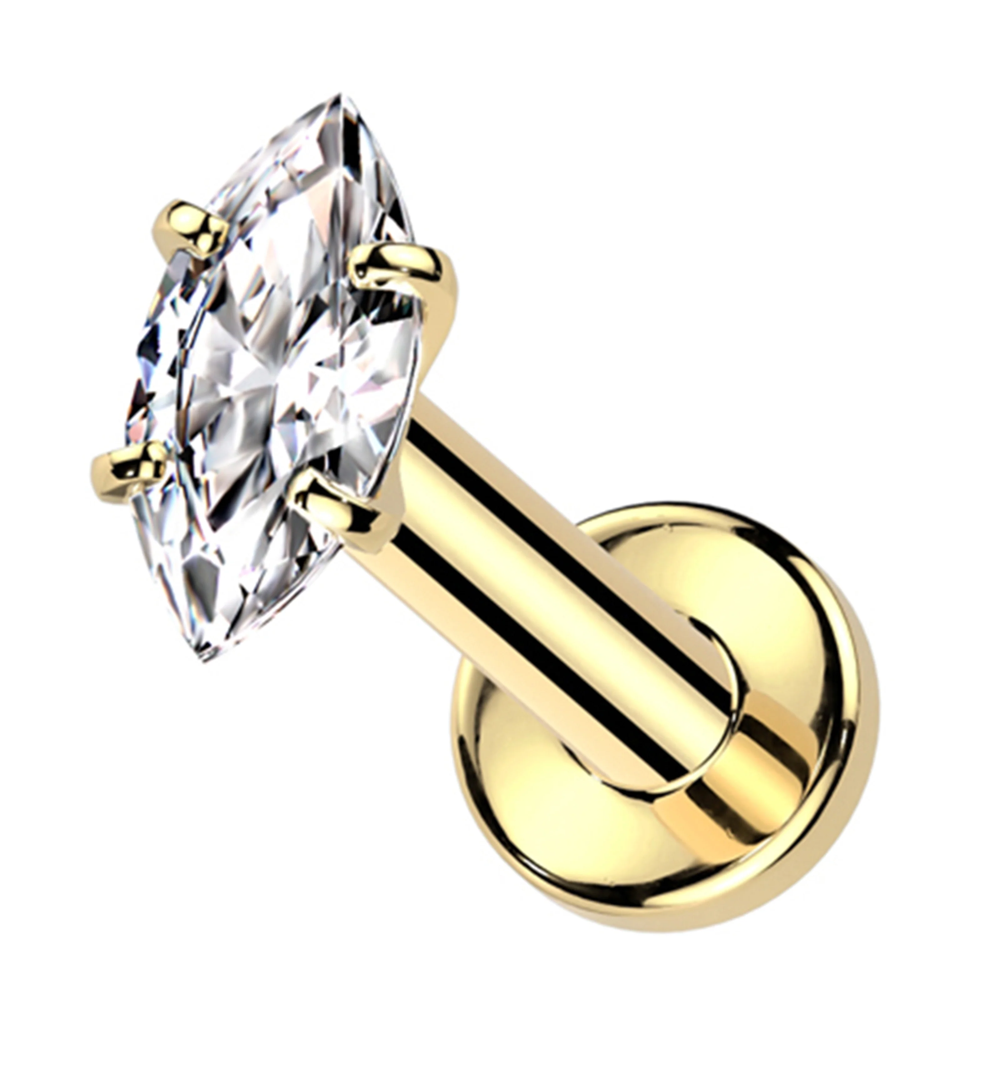 Gold PVD Marquise Clear CZ Internally Threaded Titanium Labret Post - Mrs Treak