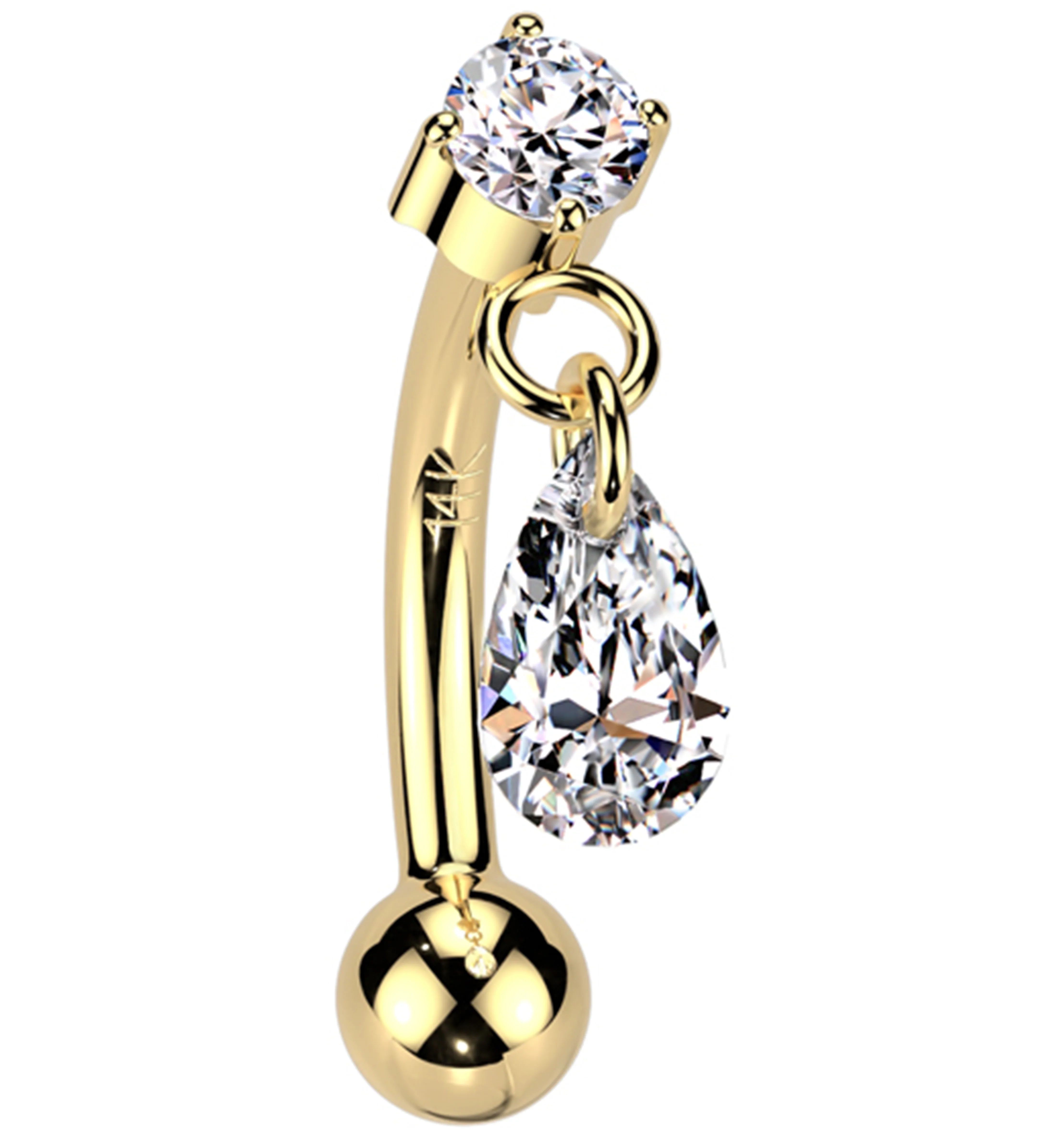 14kt Gold Teardrop Dangle Clear CZ Threadless Curved Barbell - Mrs Treak