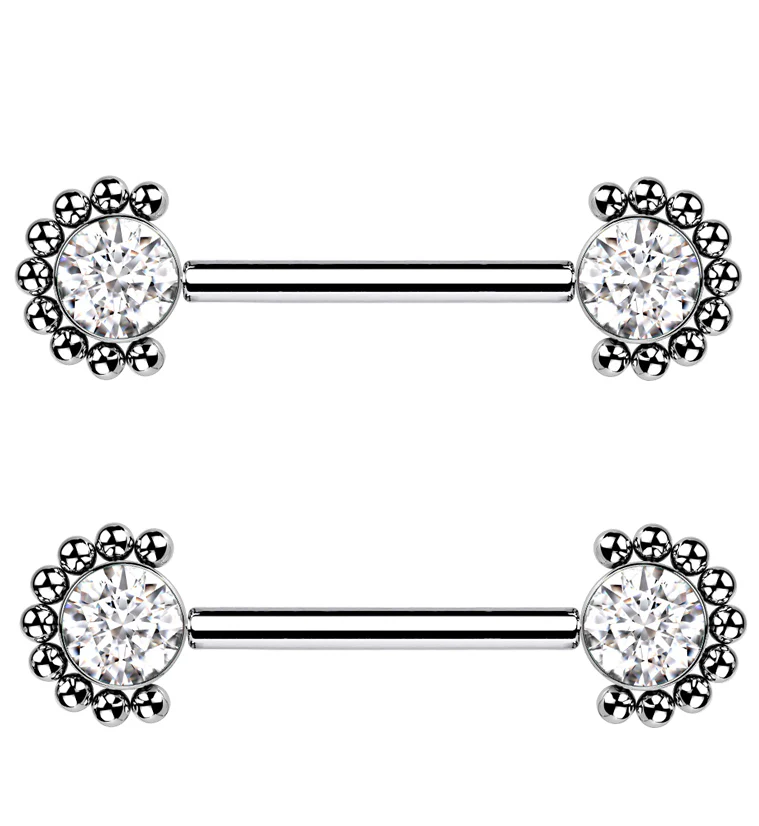 14G Encirc Double Clear CZ Threadless Titanium Nipple Ring Barbell - Mrs Treak