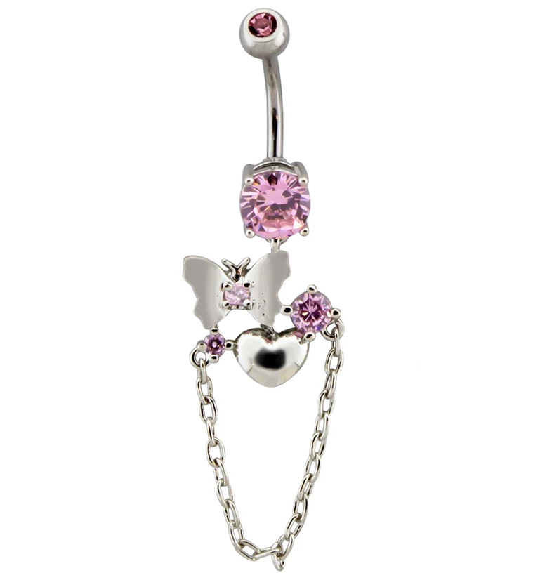 Butterfly Heart Pink CZ Dangle Chain Belly Button Ring - Mrs Treak