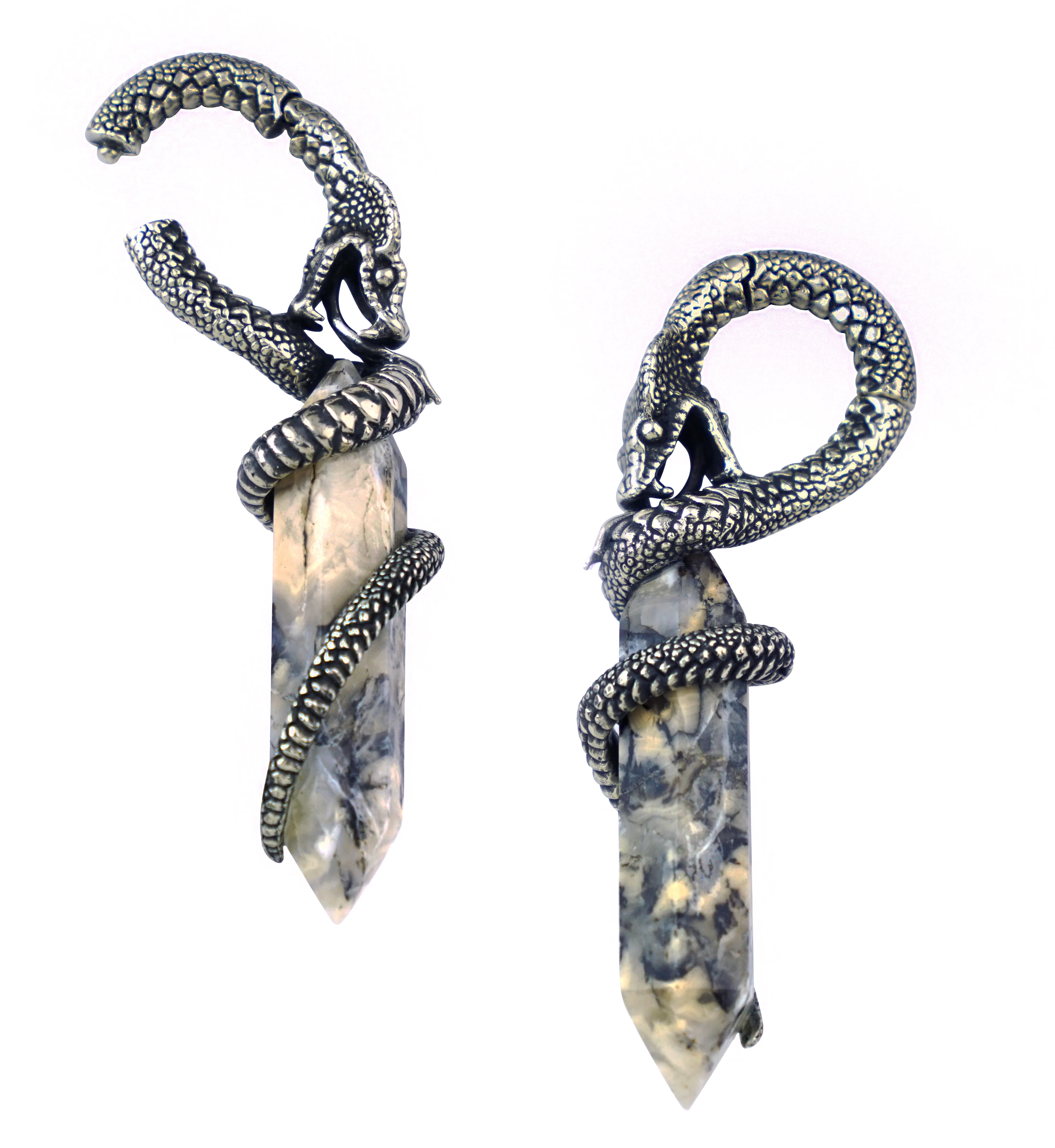 Tiger's Agate Cobra White Brass Hinged Ear Weights - Mrs Treak