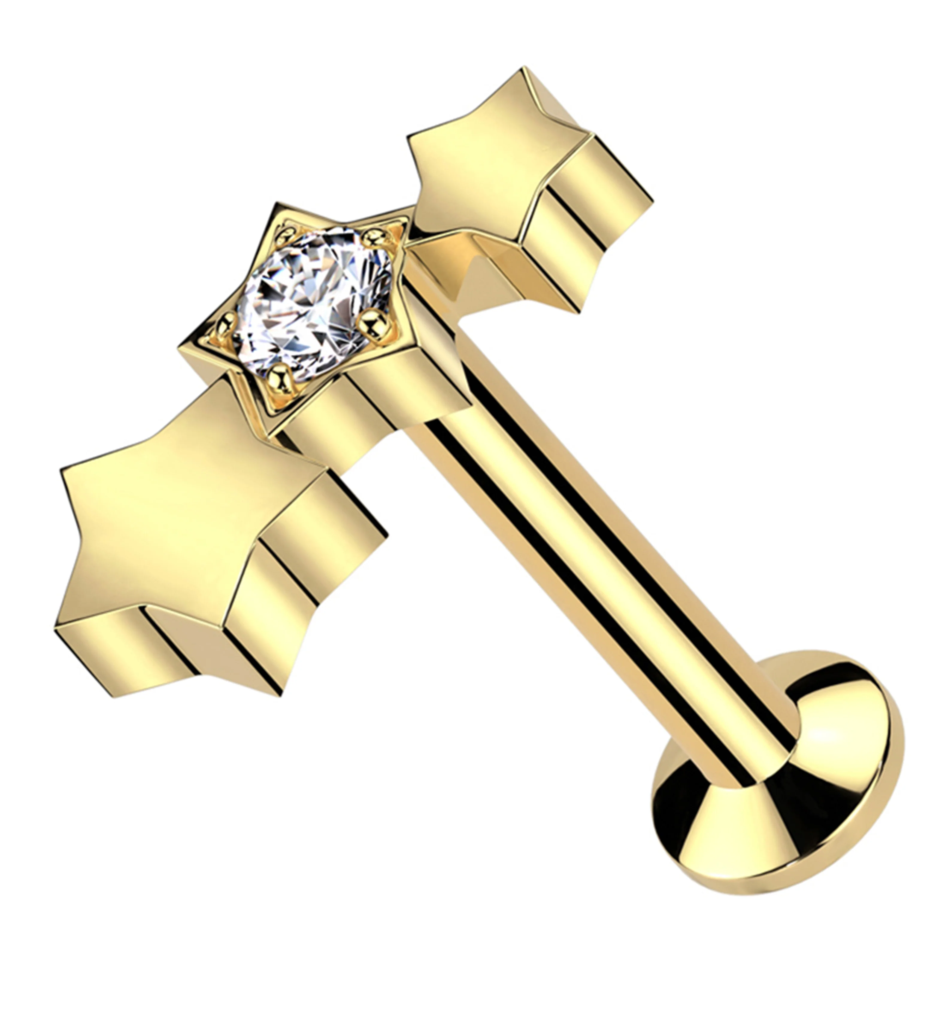 Gold PVD Triple Star Clear CZ Stainless Steel Convex Back Threadless Labret - Mrs Treak