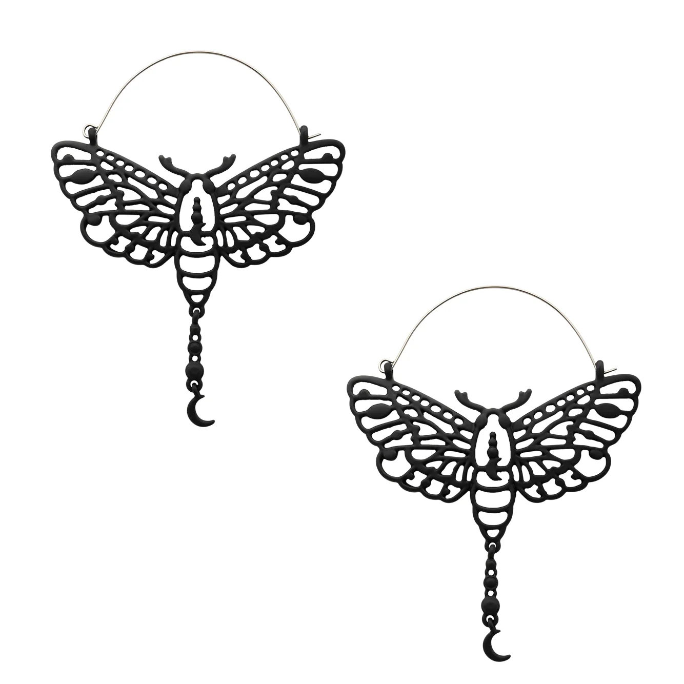 Black Luna Moth Dangle Moon Stainless Steel Plug Hoops - Mrs Treak