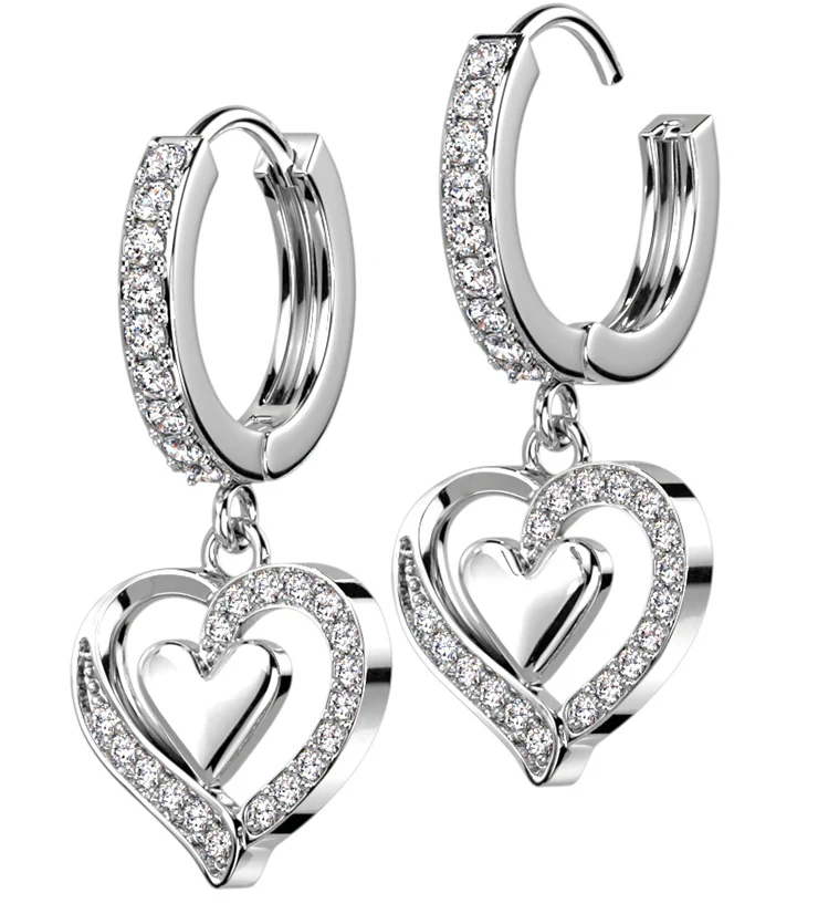 Double Heart CZ Stainless Steel Hoop Earrings - Mrs Treak