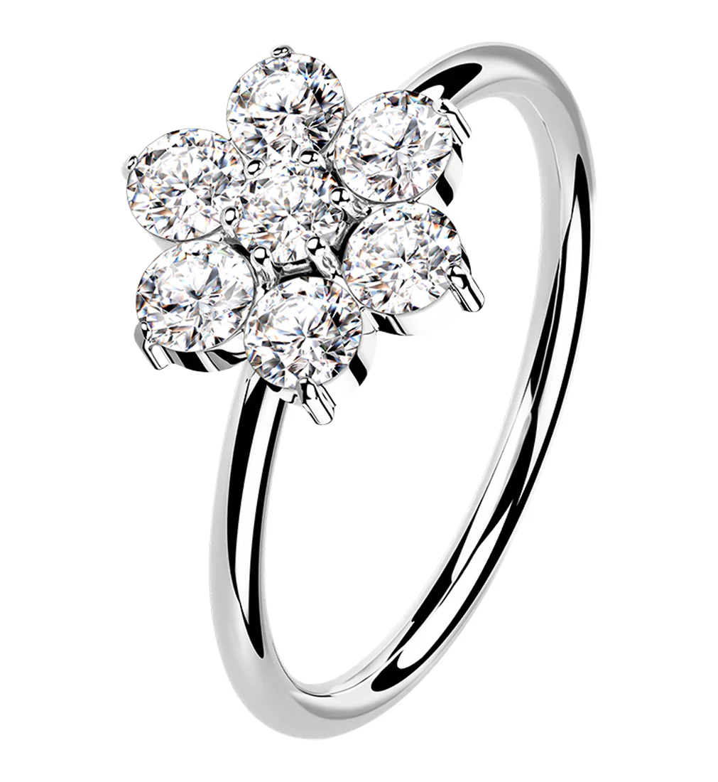 14kt White Gold Clear CZ Gem Flower Hoop Ring - Mrs Treak