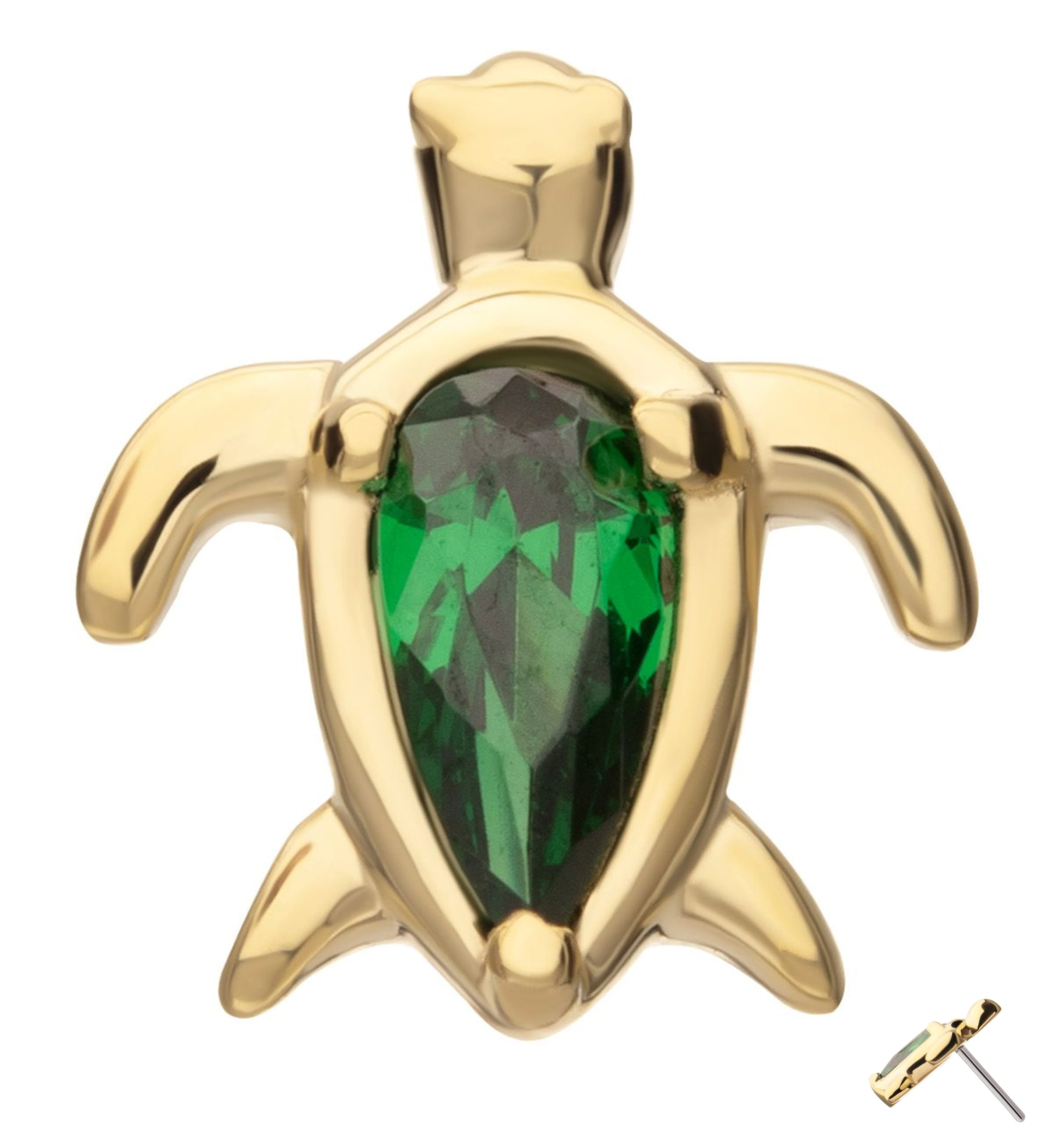 14kt Gold Turtle Teardrop Emerald CZ Threadless Top - Mrs Treak