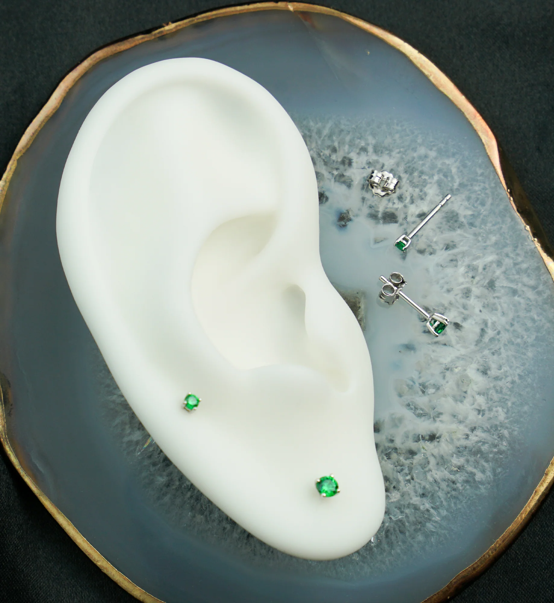 14kt White Gold May Birthstone Emerald CZ Stud Earrings - Mrs Treak