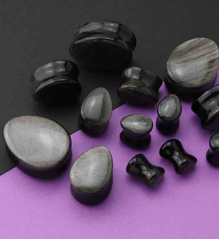 Silver Obsidian Teardrop Stone Plugs - Mrs Treak