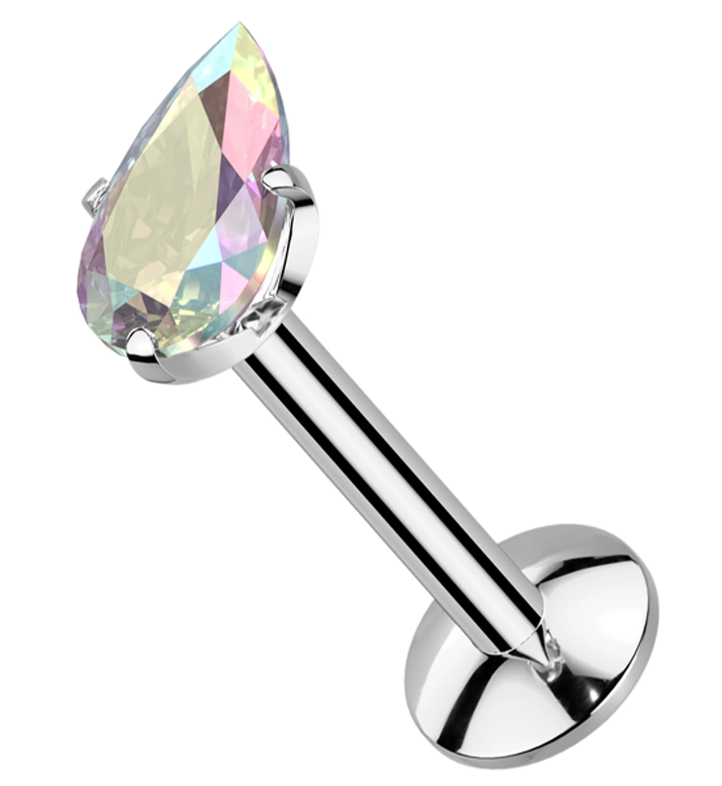 Prong Teardrop Rainbow Aurora CZ Internally Threaded Titanium Convex Back Labret - Mrs Treak