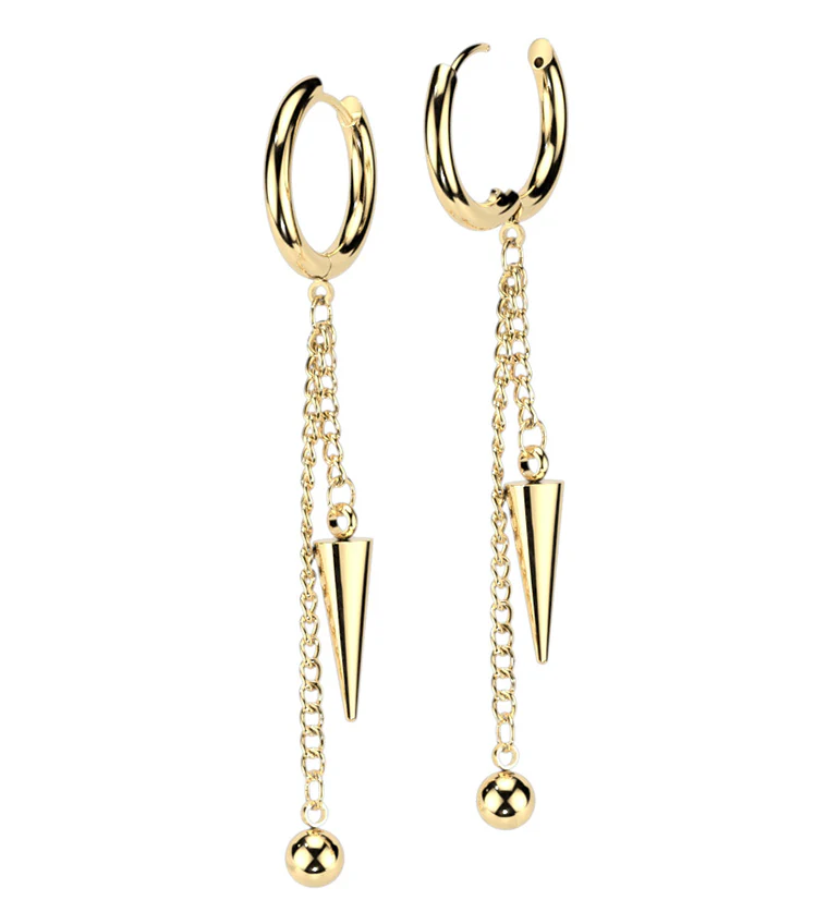 Gold PVD Ball Cone Dangle Stainless Steel Hoop Earrings - Mrs Treak