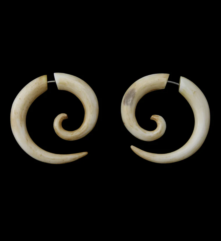 Bone Fake Gauge Spiral Tribal Earrings - Mrs Treak