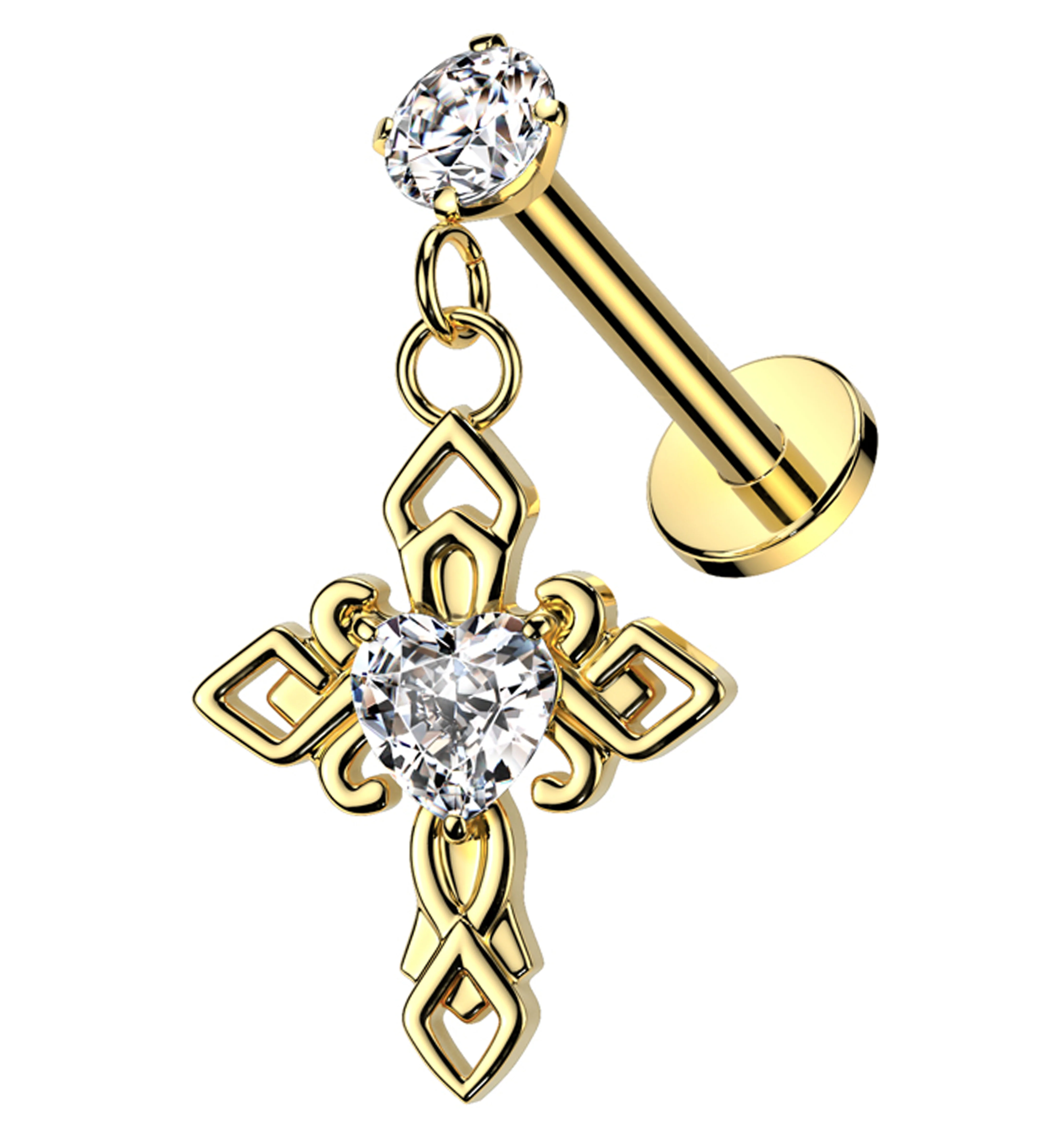 Gold PVD Ornate Cross Dangle Heart Clear CZ Internally Threaded Stainless Steel Labret - Mrs Treak
