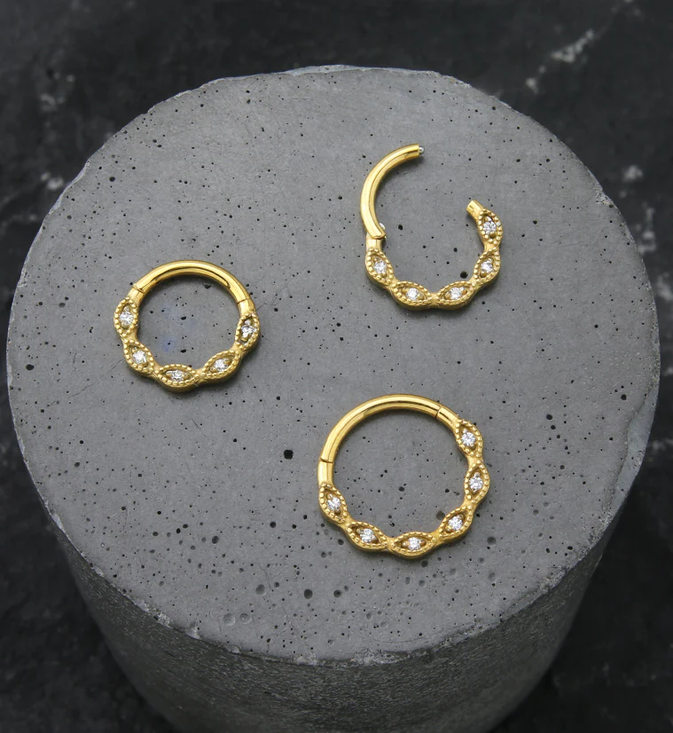 Gold PVD Twist Beaded Clear CZ Stainless Steel Hinged Segment Ring - Mrs Treak