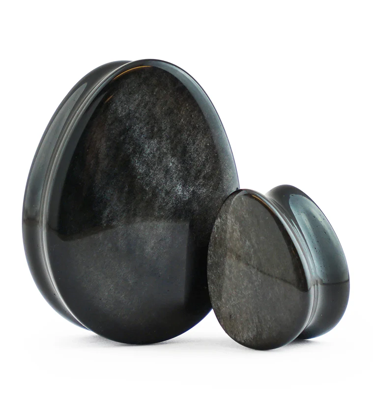 Silver Obsidian Teardrop Stone Plugs - Mrs Treak