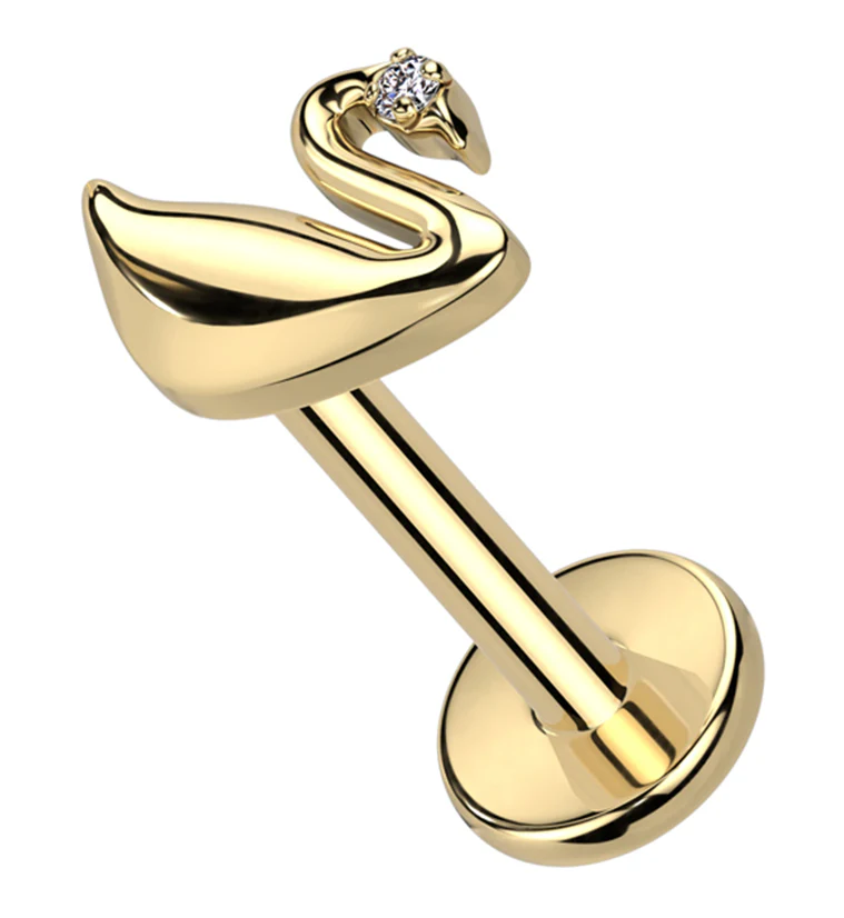 Gold PVD Swan Clear CZ Internally Threaded Titanium Labret - Mrs Treak