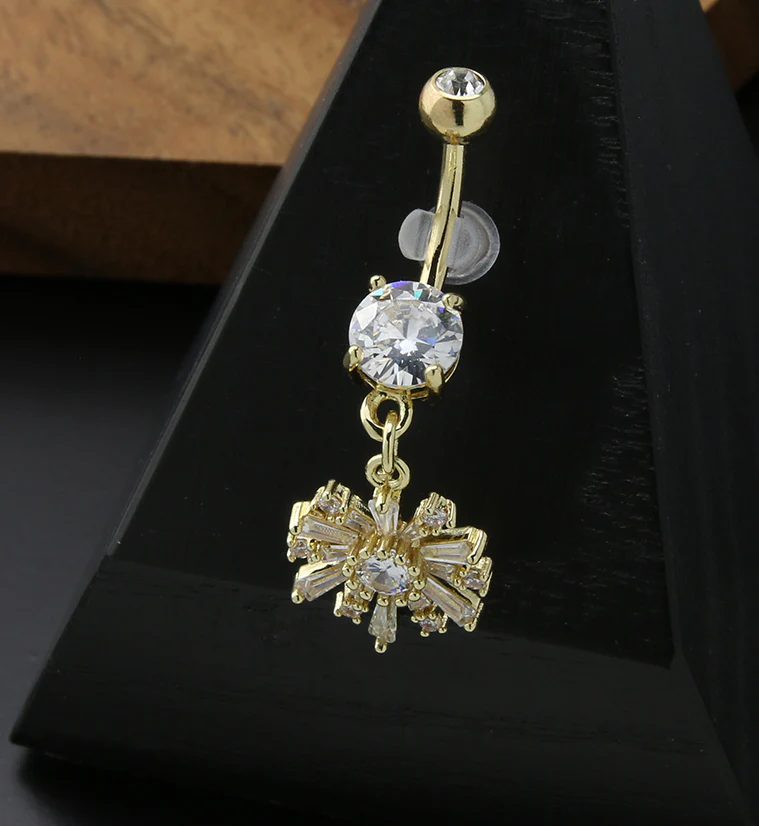 Gold PVD Flower Star CZ Dangle Stainless Steel Belly Button Ring - Mrs Treak