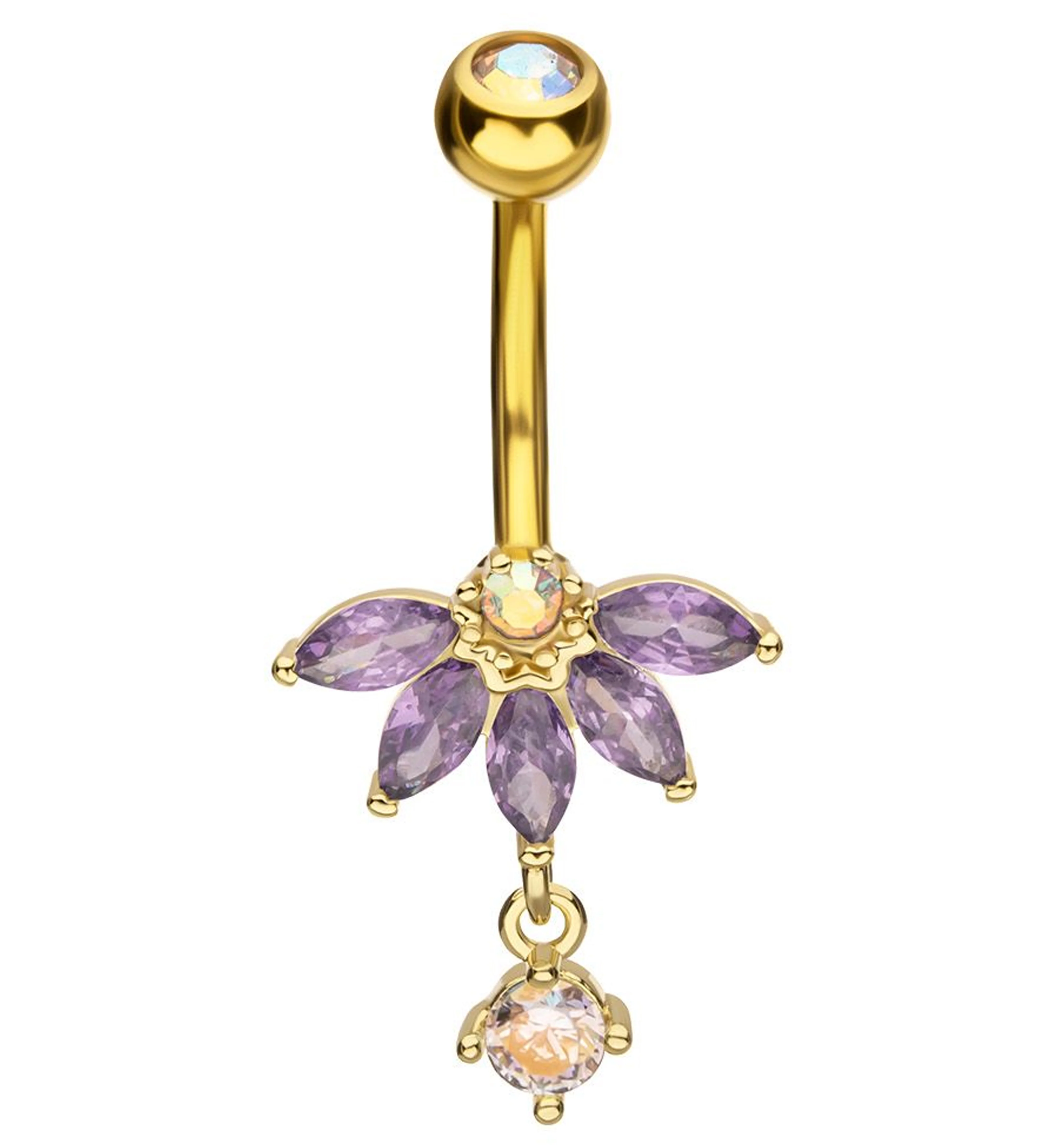 Gold PVD Half Flower Amethyst And Rainbow Aurora CZ Dangle Stainless Steel Belly Button Ring - Mrs Treak