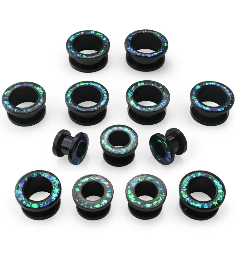 Black PVD Glitter Green Opalite Stainless Steel Screw Back Tunnels - Mrs Treak