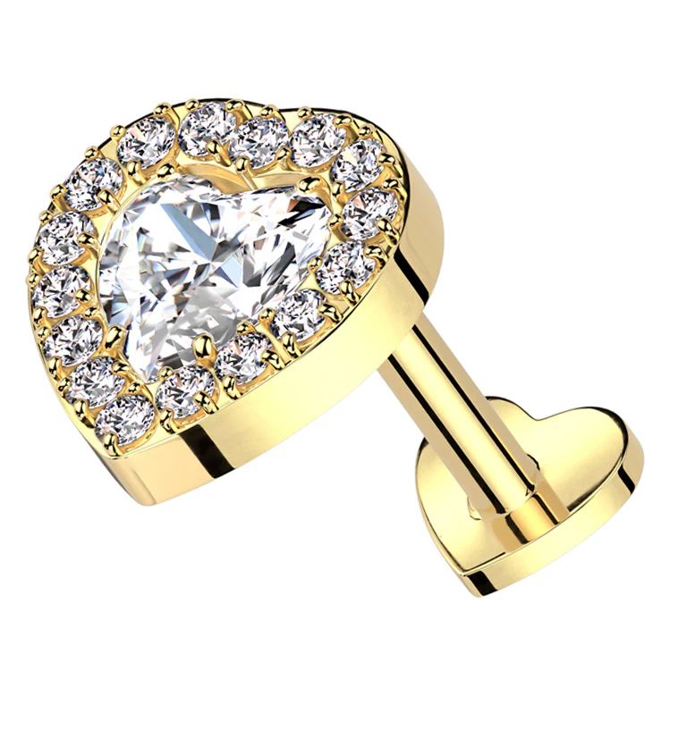 Gold PVD Lined Heart Clear CZ Titanium Threadless Heart Back Labret - Mrs Treak