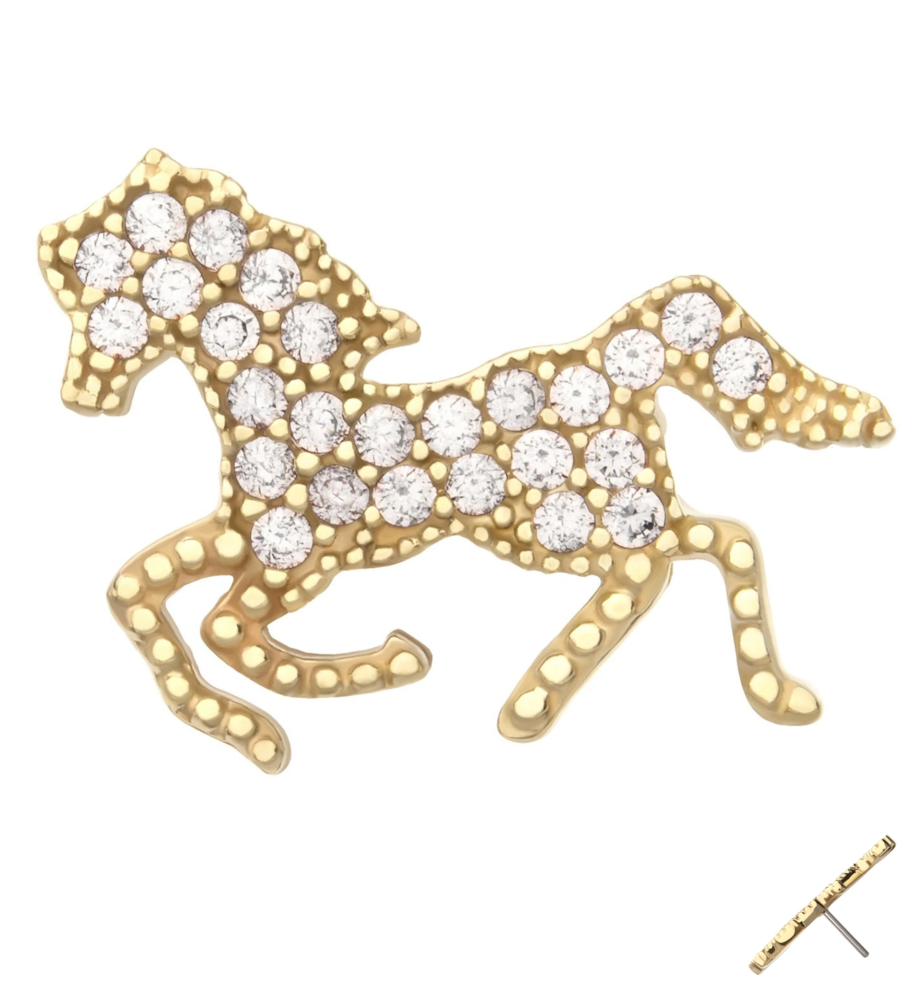 14kt Gold Running Horse Clear CZ Threadless Top - Mrs Treak