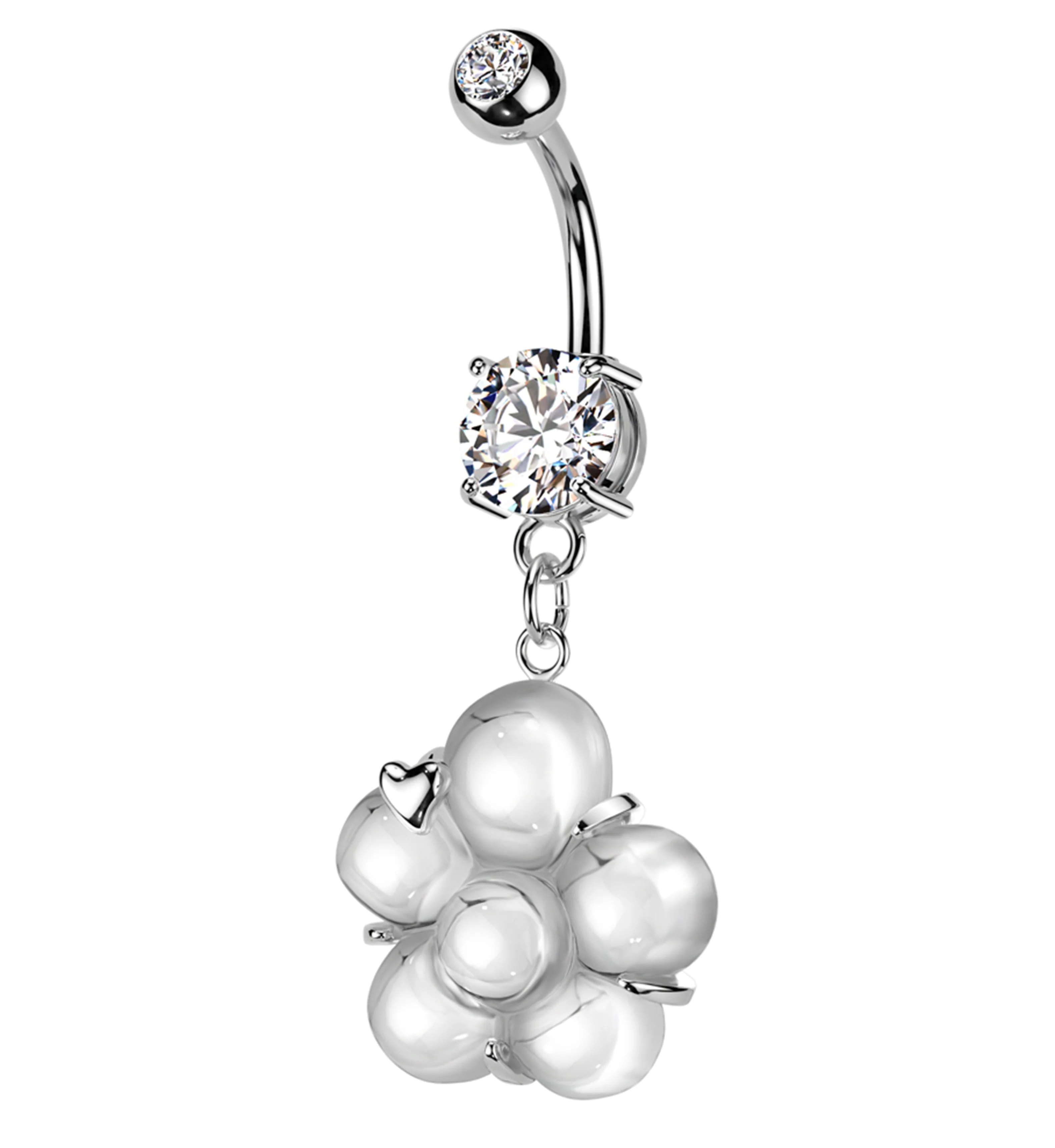 Flower Pressed Fit Clear CZ Dangle Stainless Steel Belly Button Ring - Mrs Treak