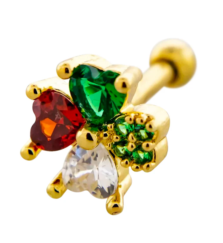 Gold PVD Lucky Clover Red And Green CZ Stainless Steel Cartilage Barbell - Mrs Treak
