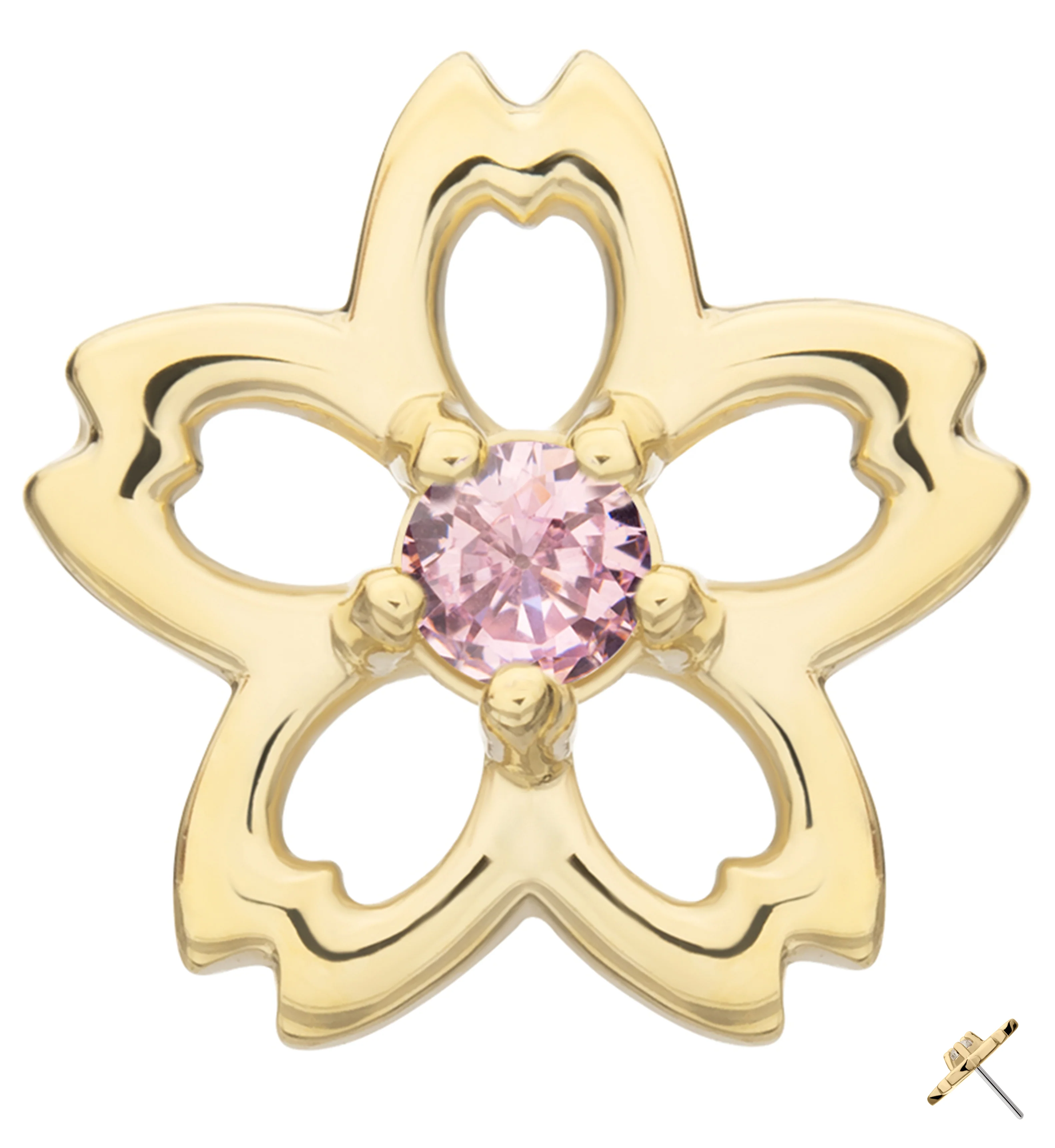 14kt Gold Floral Cutout Blossom Pink CZ Threadless Top - Mrs Treak