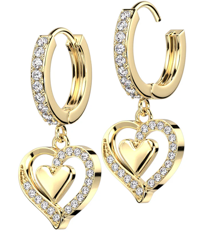 Gold PVD Double Heart CZ Stainless Steel Hoop Earrings - Mrs Treak
