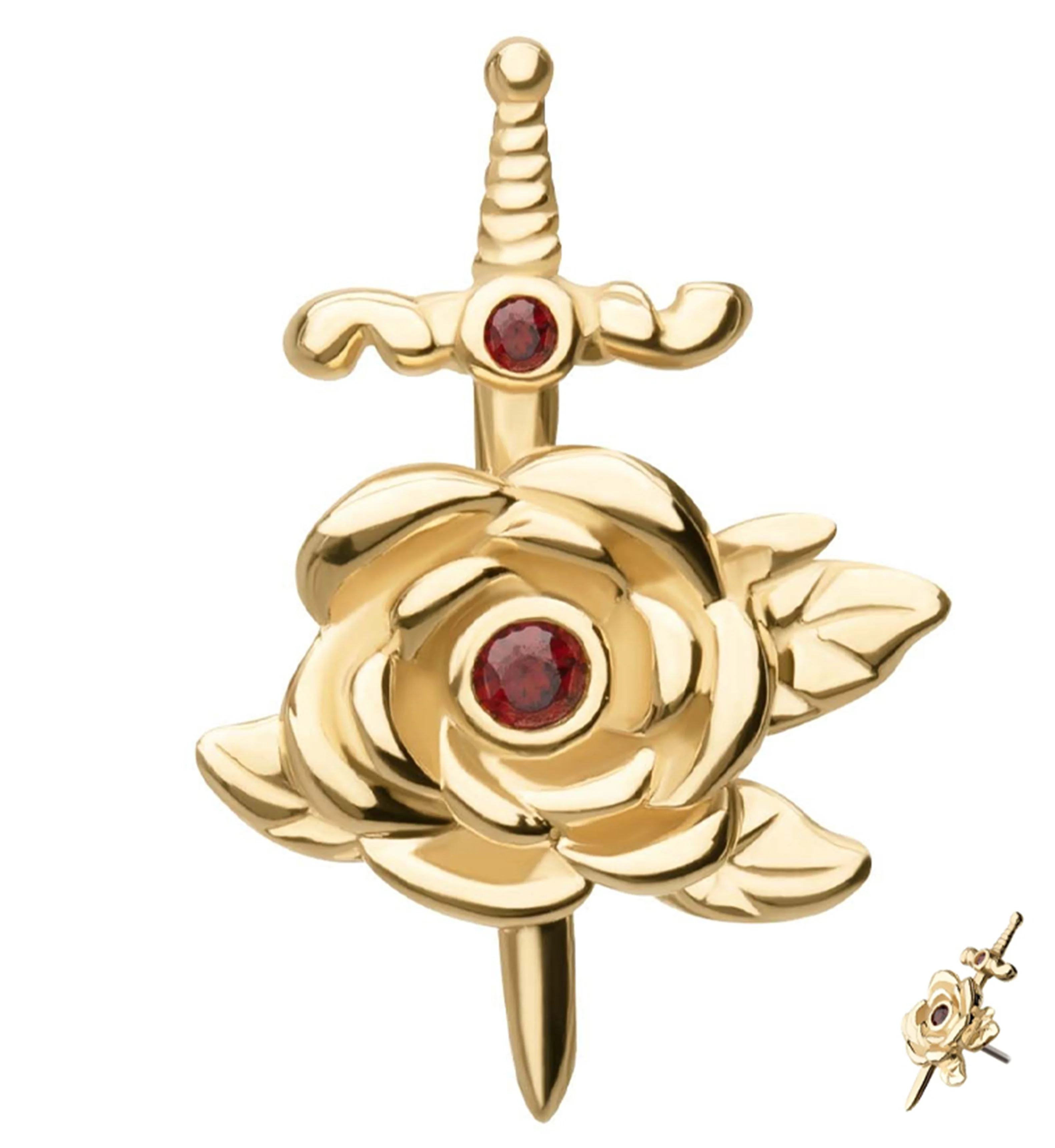 14kt Gold Rose And Dagger Red CZ Threadless Top - Mrs Treak