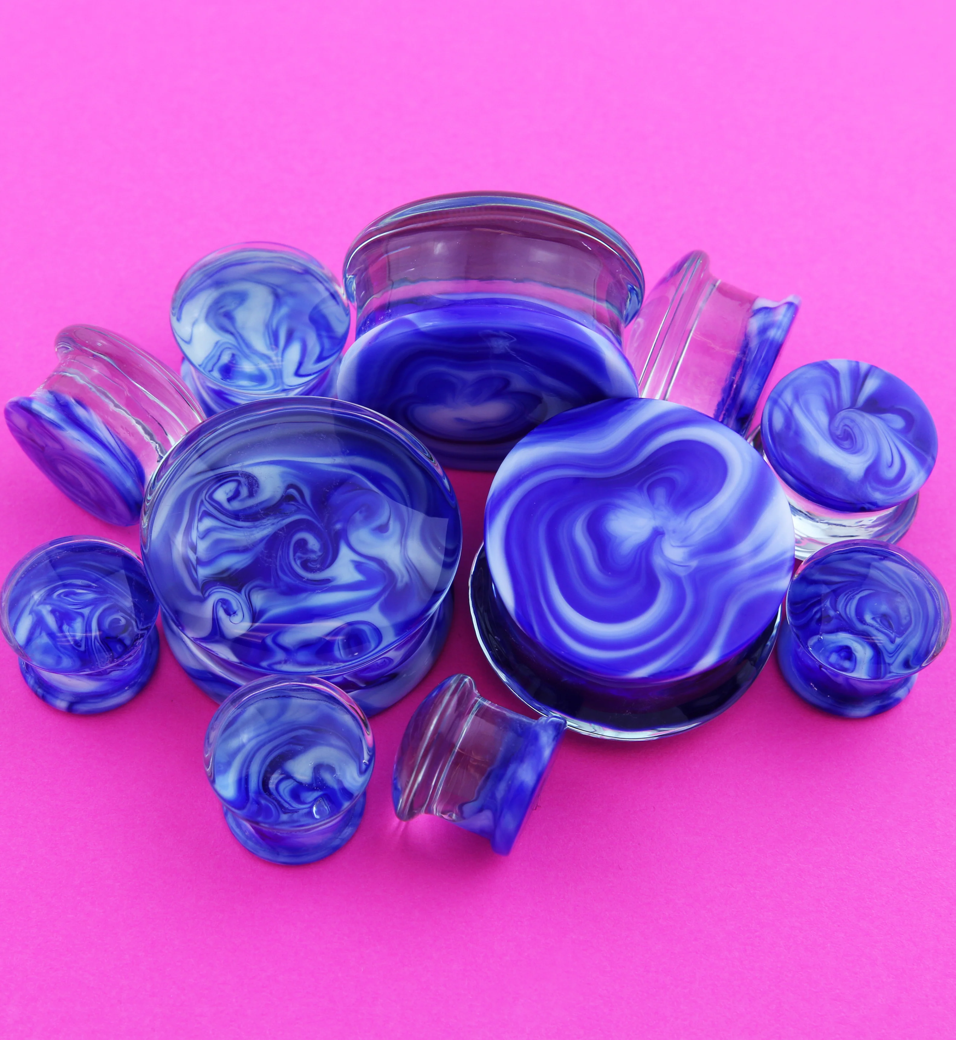 Blue/White Chroma Swirl Glass Double Flare Plugs - Mrs Treak