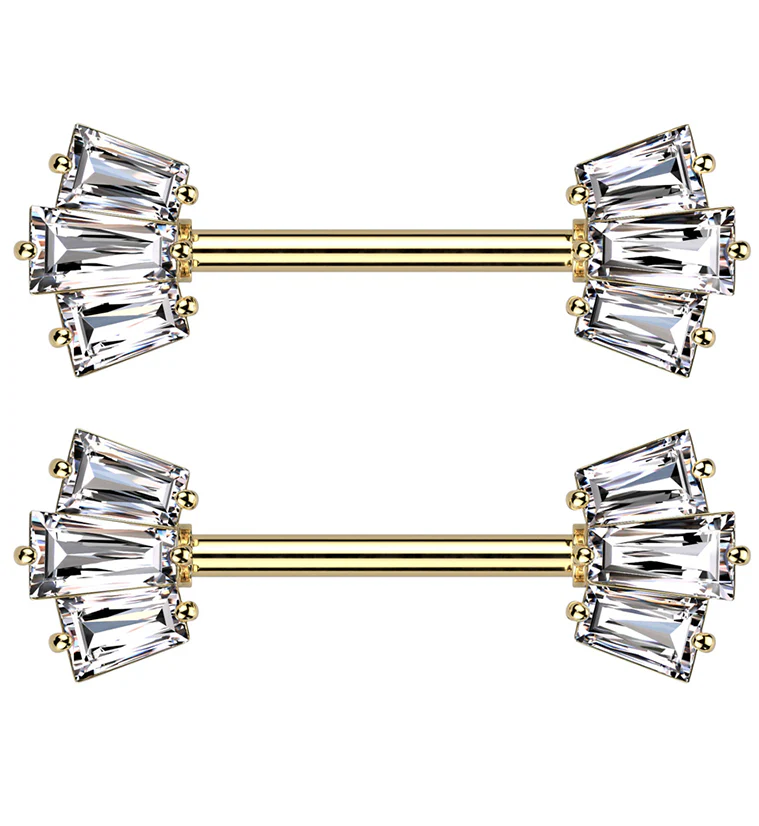 Gold PVD Trinal Clear CZ Stainless Steel Nipple Barbell - Mrs Treak