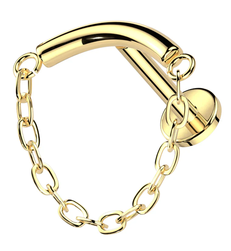 Gold PVD Curved Bar Dangle Chain Titanium Internally Threaded Labret - Mrs Treak