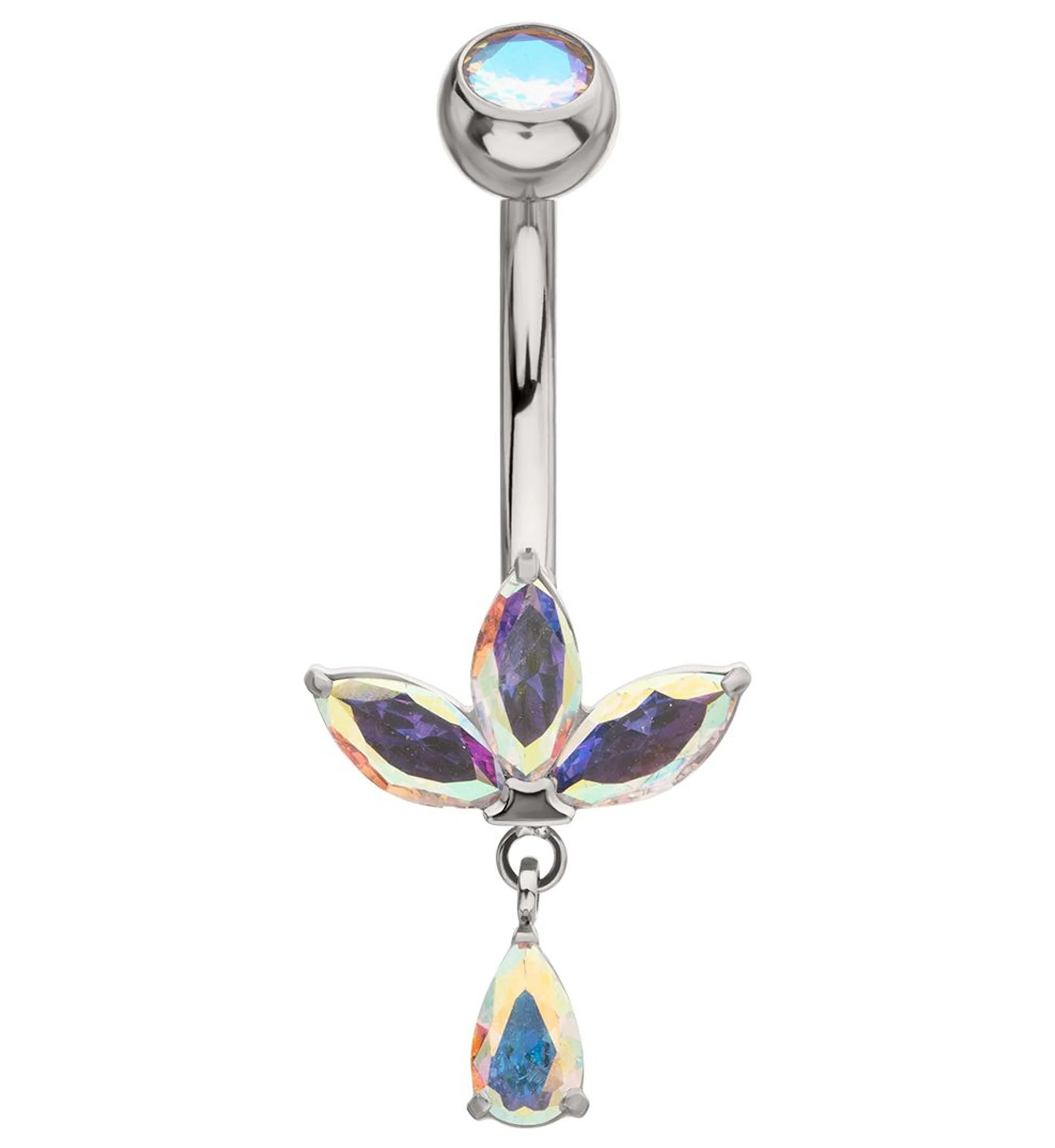 Empress Teardrop Rainbow Aurora CZ Dangle Titanium Internally Threaded Belly Button Ring - Mrs Treak