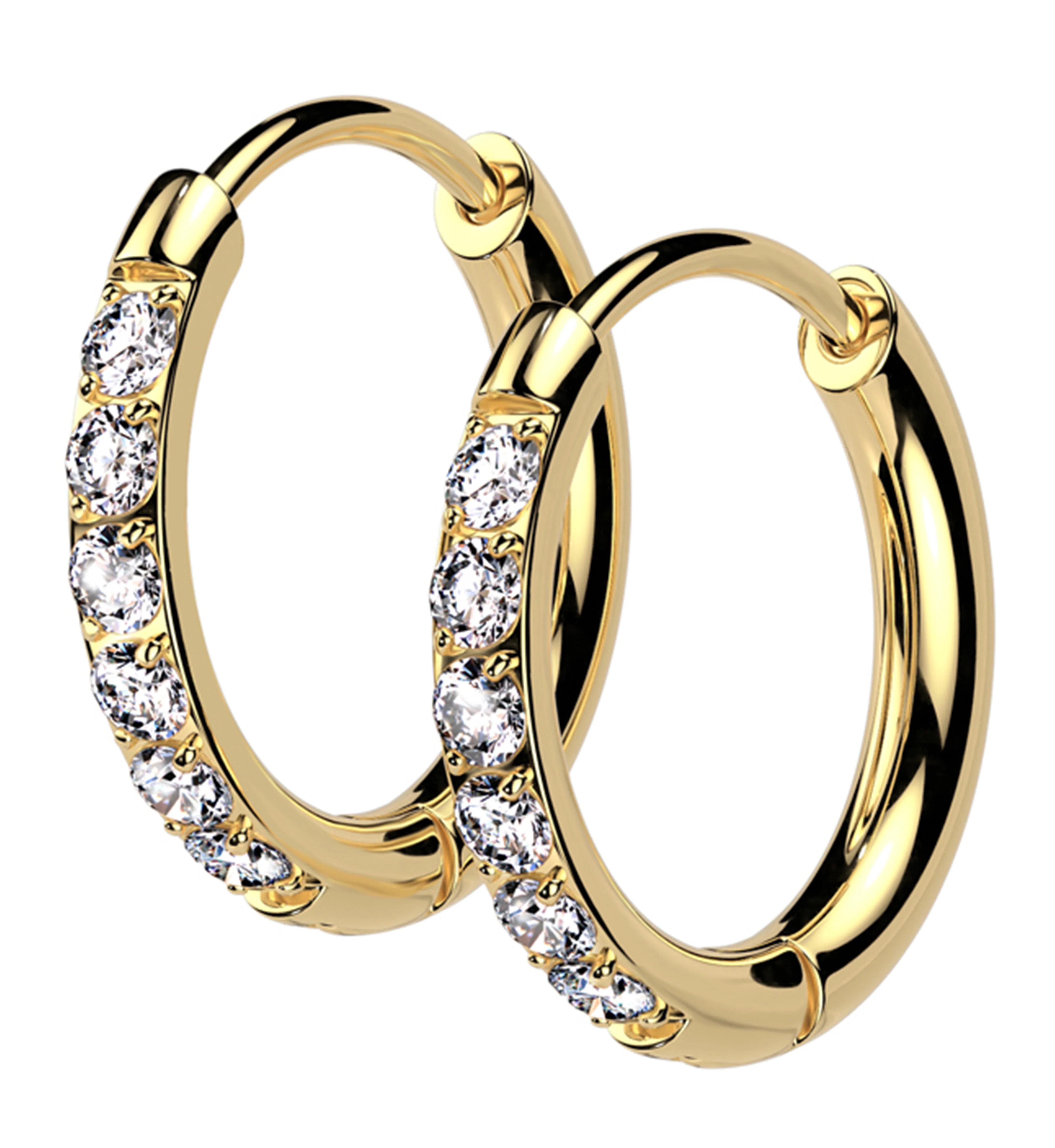Gold PVD Clear CZ Hoop Stainless Steel Hinged Earrings - Mrs Treak