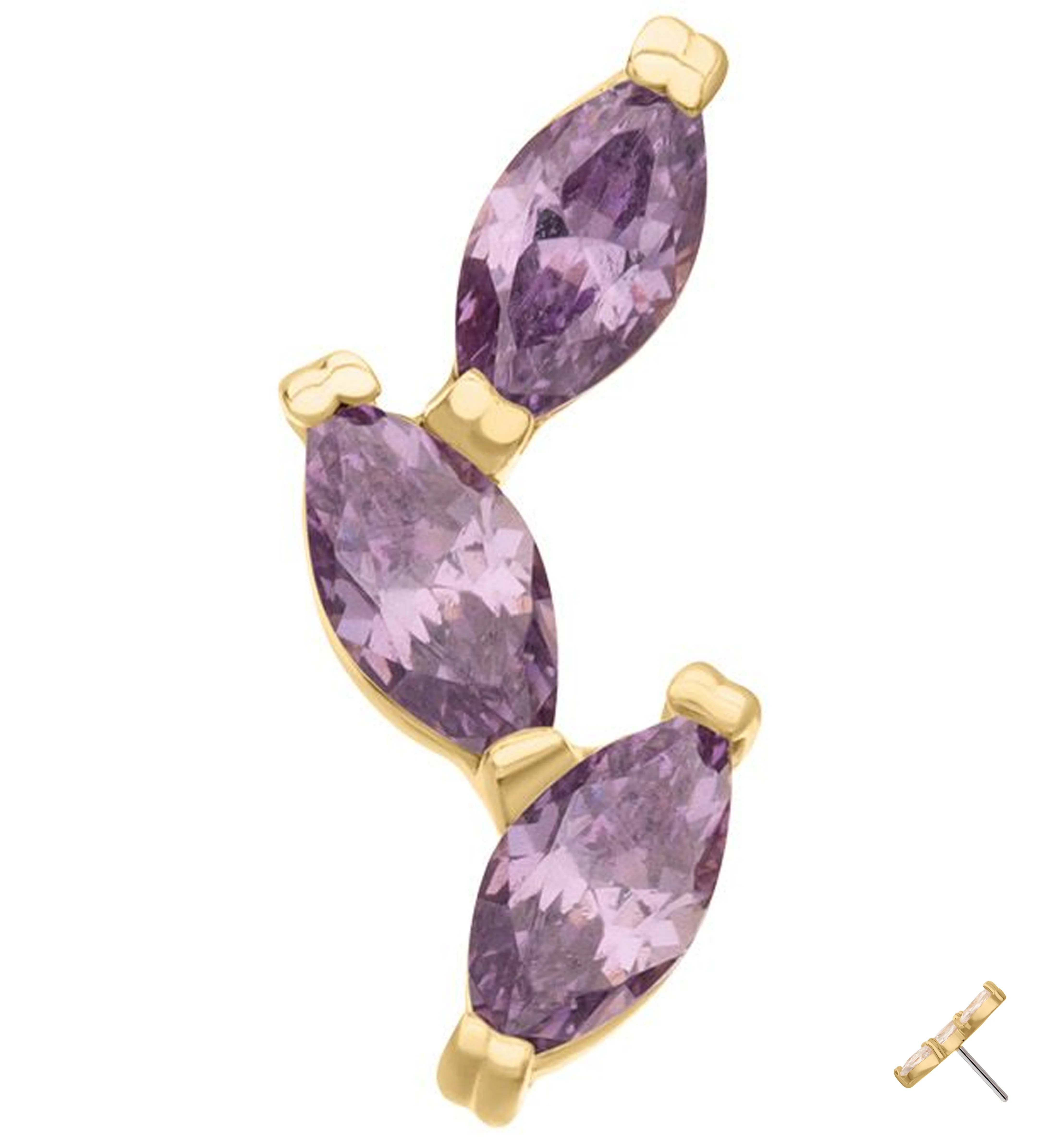 14kt Gold Triple Marquise Vine Amethyst CZ Threadless Top - Mrs Treak