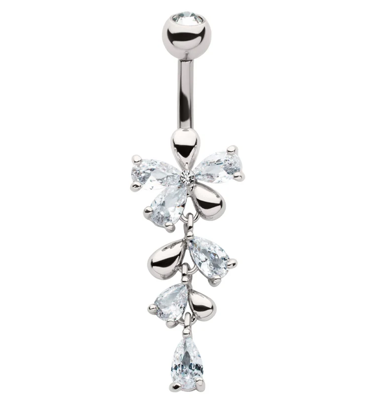 Teardrop Bow And Vine CZ Dangle Stainless Steel Belly Button Ring - Mrs Treak