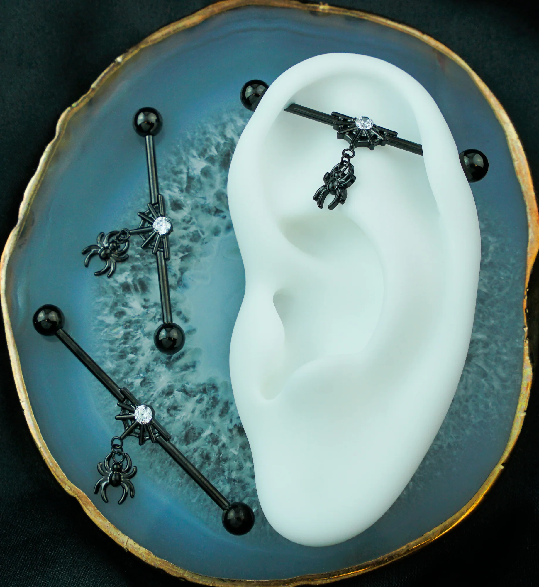 Black PVD Spiderweb Clear CZ Dangle Spider Internally Threaded Titanium Industrial Barbell - Mrs Treak