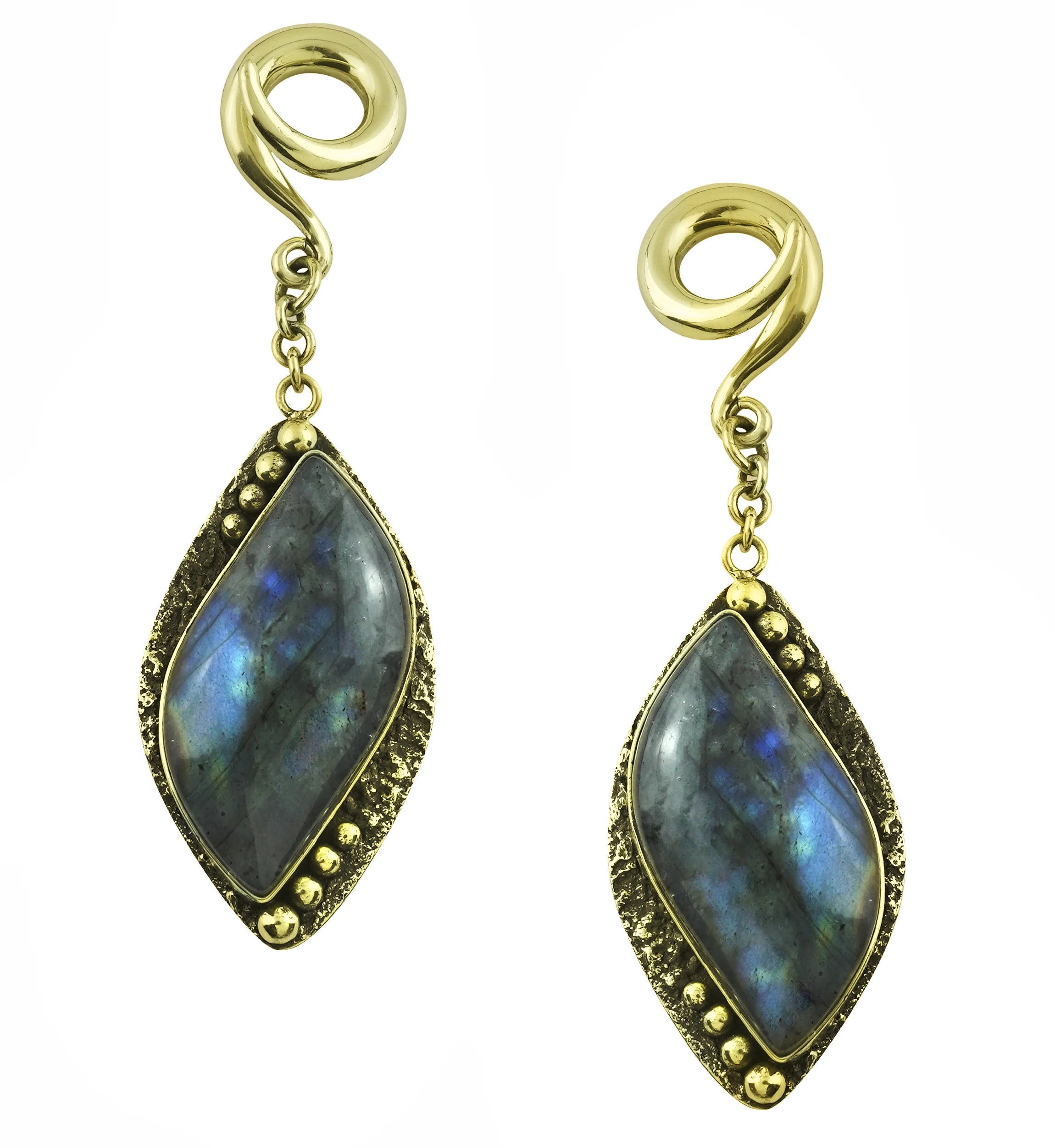 Camber Labradorite Stone Hanging Brass Ear Weights - Mrs Treak
