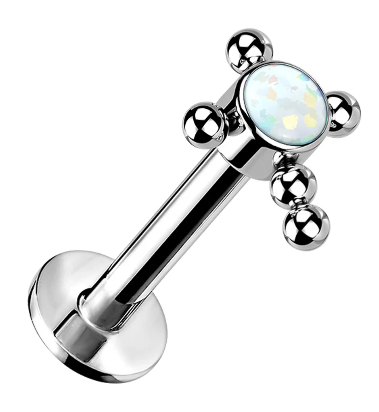 Beaded Cross White Opalite Titanium Threadless Labret - Mrs Treak