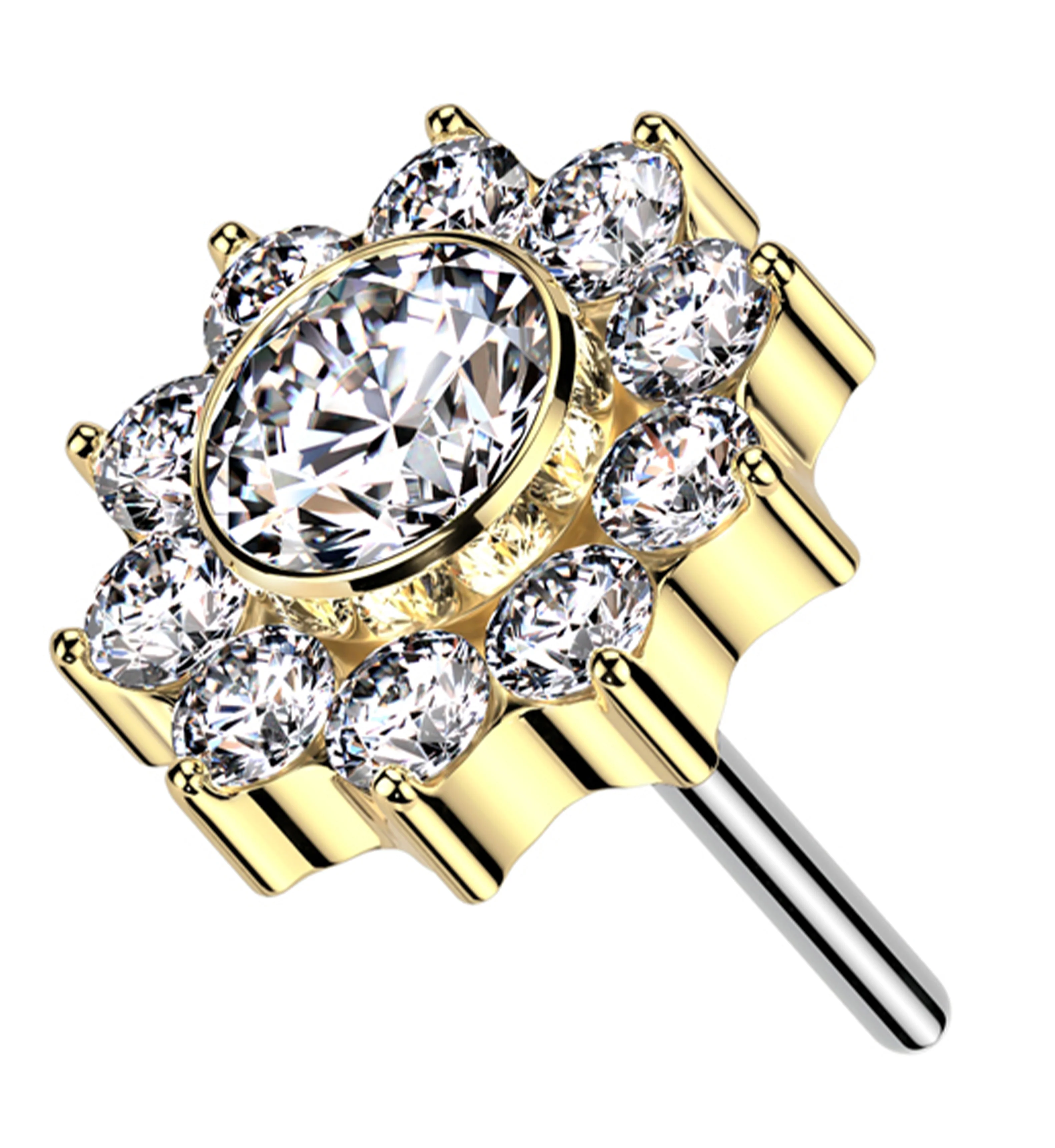 Gold PVD Pave Flower Clear CZ Titanium Threadless Top - Mrs Treak