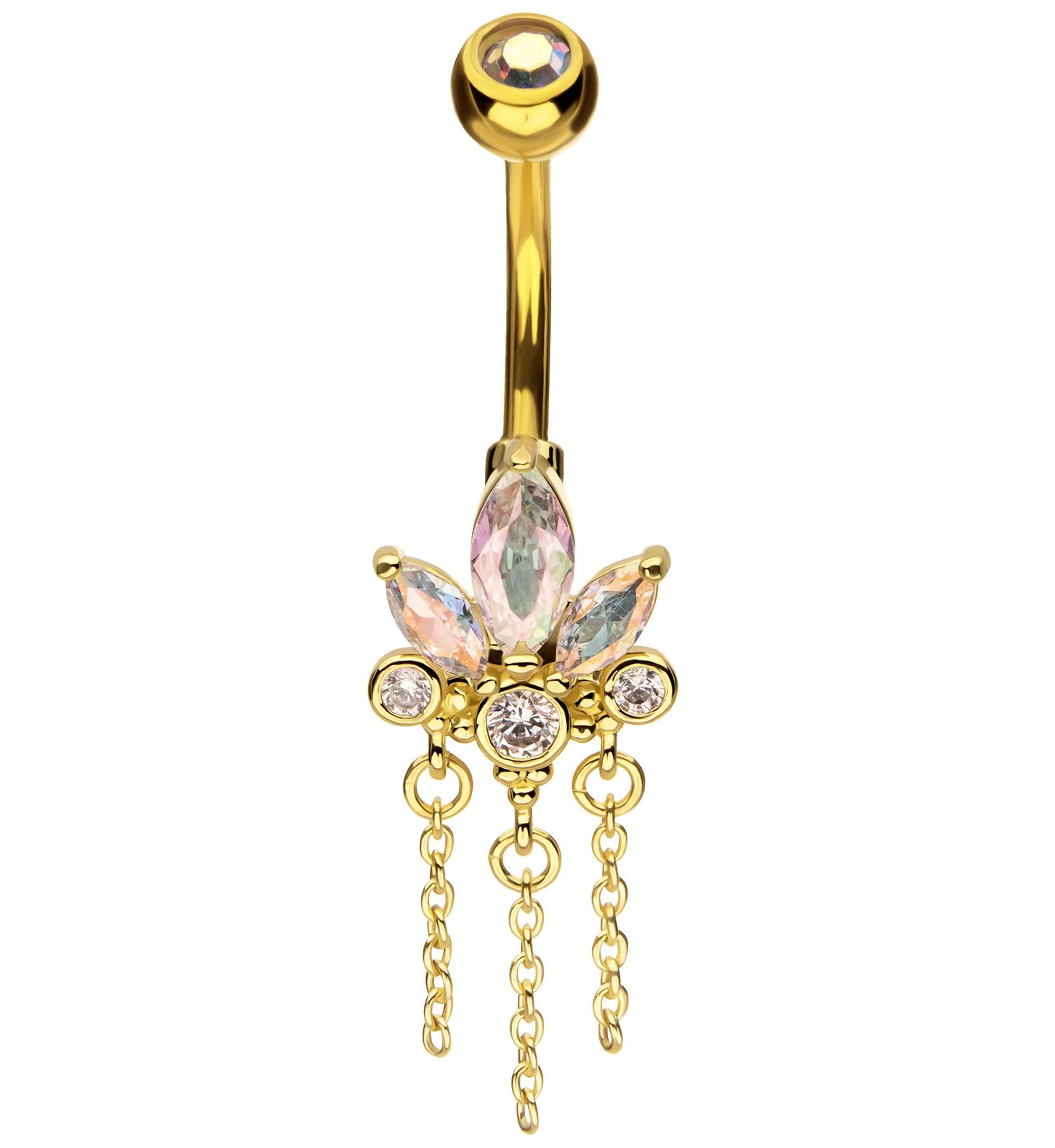 Gold PVD Lotus Flower Rainbow Aurora CZ Triple Chain Dangle Stainless Steel Belly Button Ring - Mrs Treak