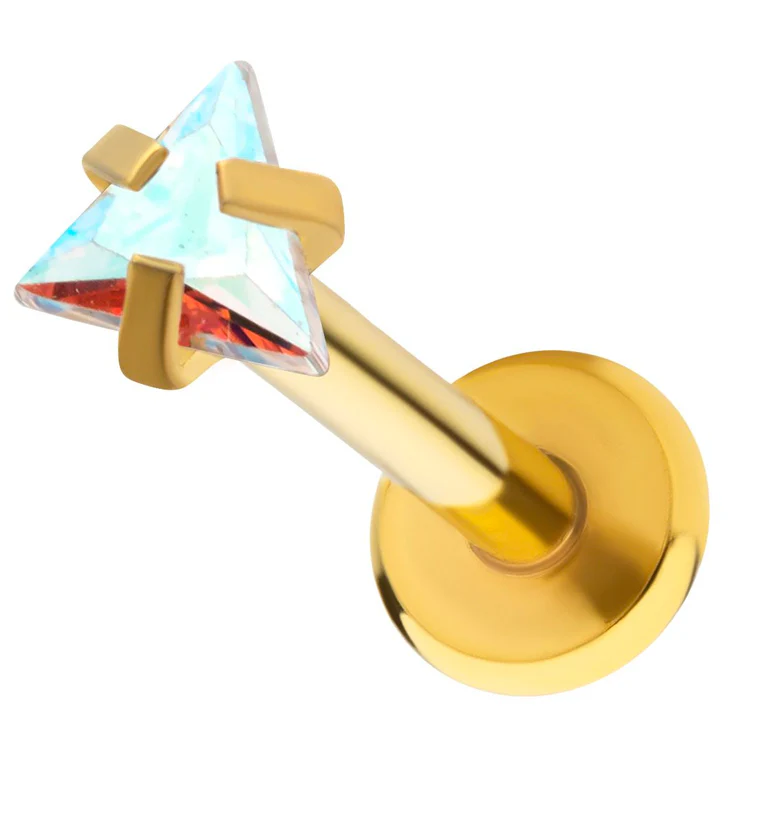 Triangle Rainbow Aurora CZ Gold PVD Stainless Steel Internally Threaded Labret - Mrs Treak