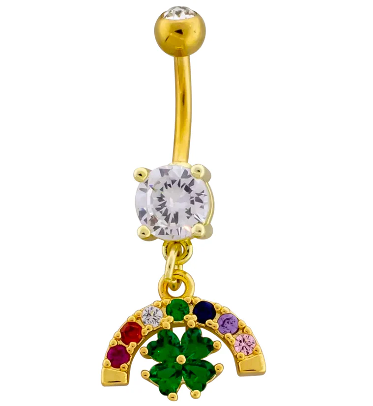 Rainbow Lucky Clover CZ Dangle Stainless Steel Belly Button Ring - Mrs Treak