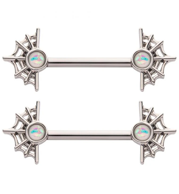 Spider Web White Opalite Nipple Barbell - Mrs Treak