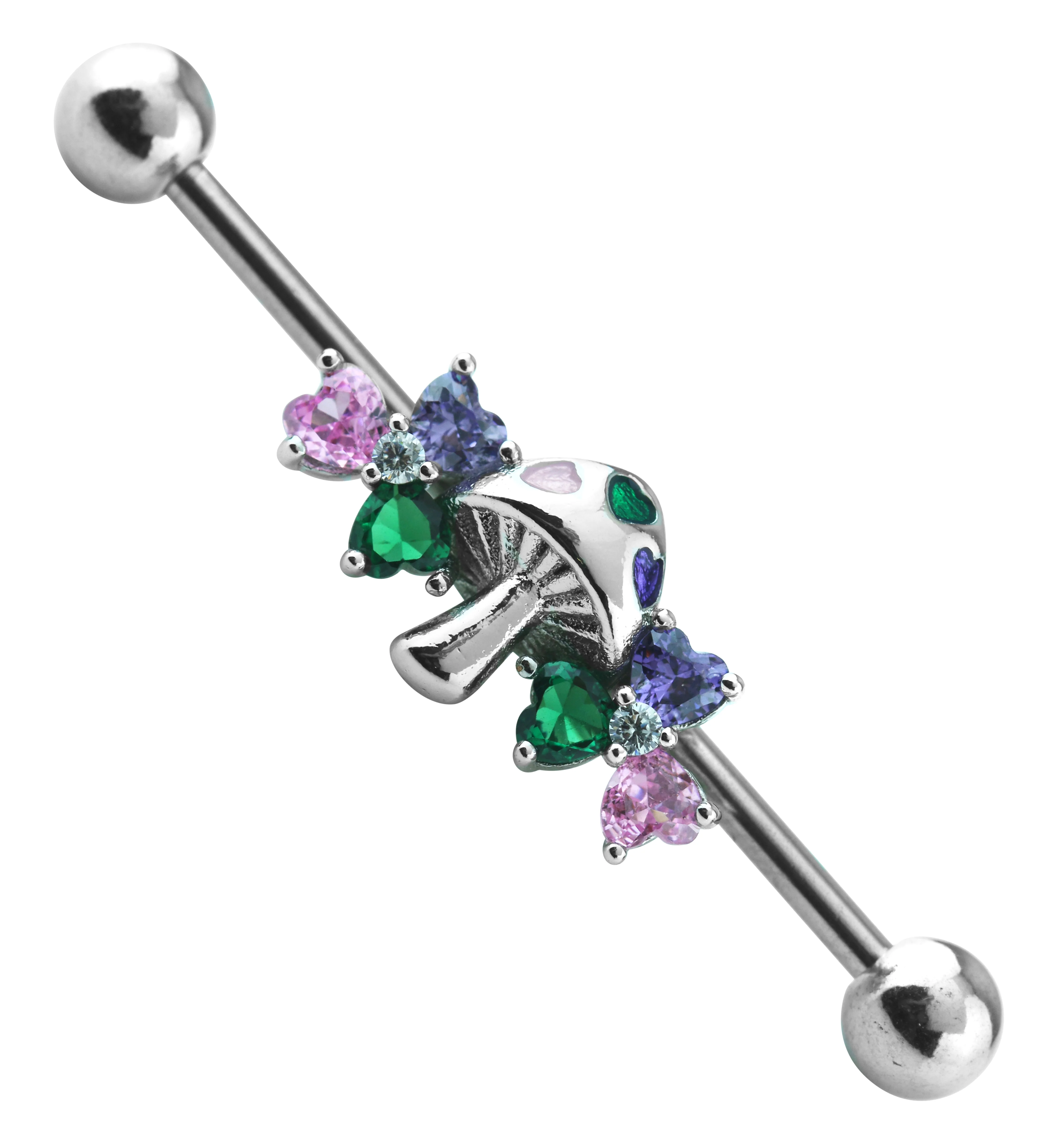 Mushroom Rainbow Heart CZ Stainless Steel Industrial Barbell - Mrs Treak