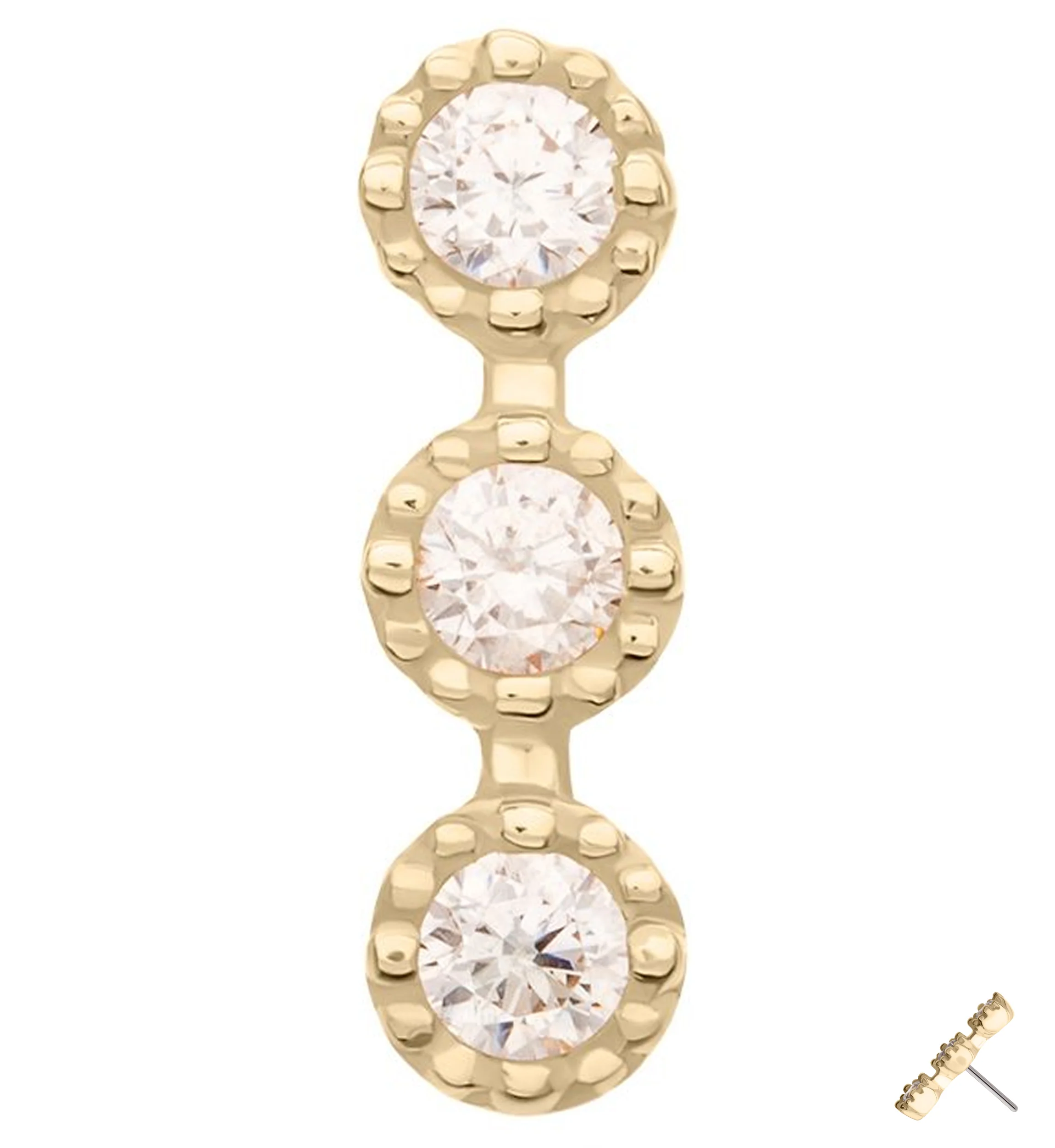 14kt Gold Triple Stacked Beaded Clear CZ Threadless Top - Mrs Treak