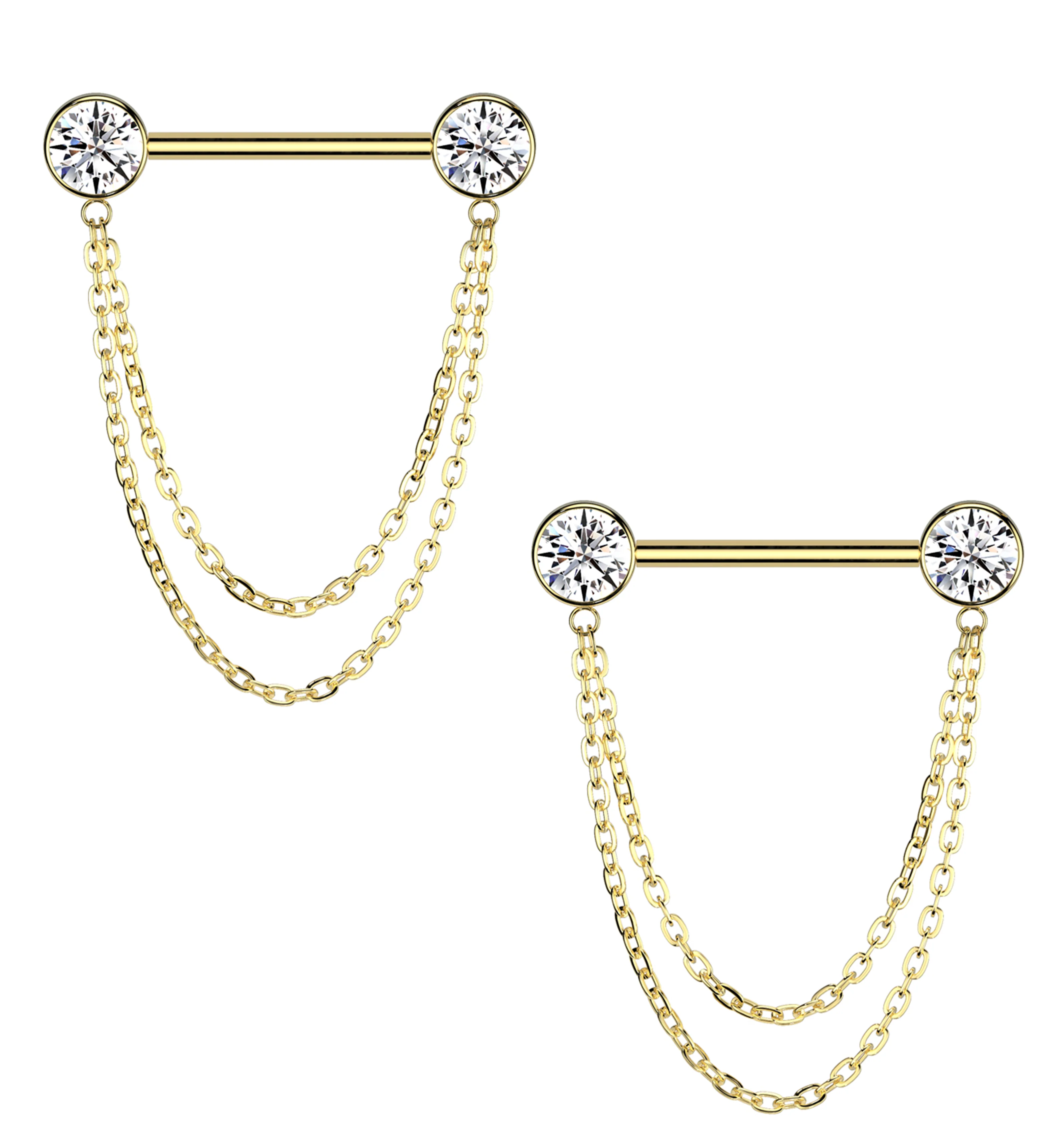 Gold PVD Front Facing Clear CZ Double Dangle Threadless Titanium Nipple Barbell - Mrs Treak