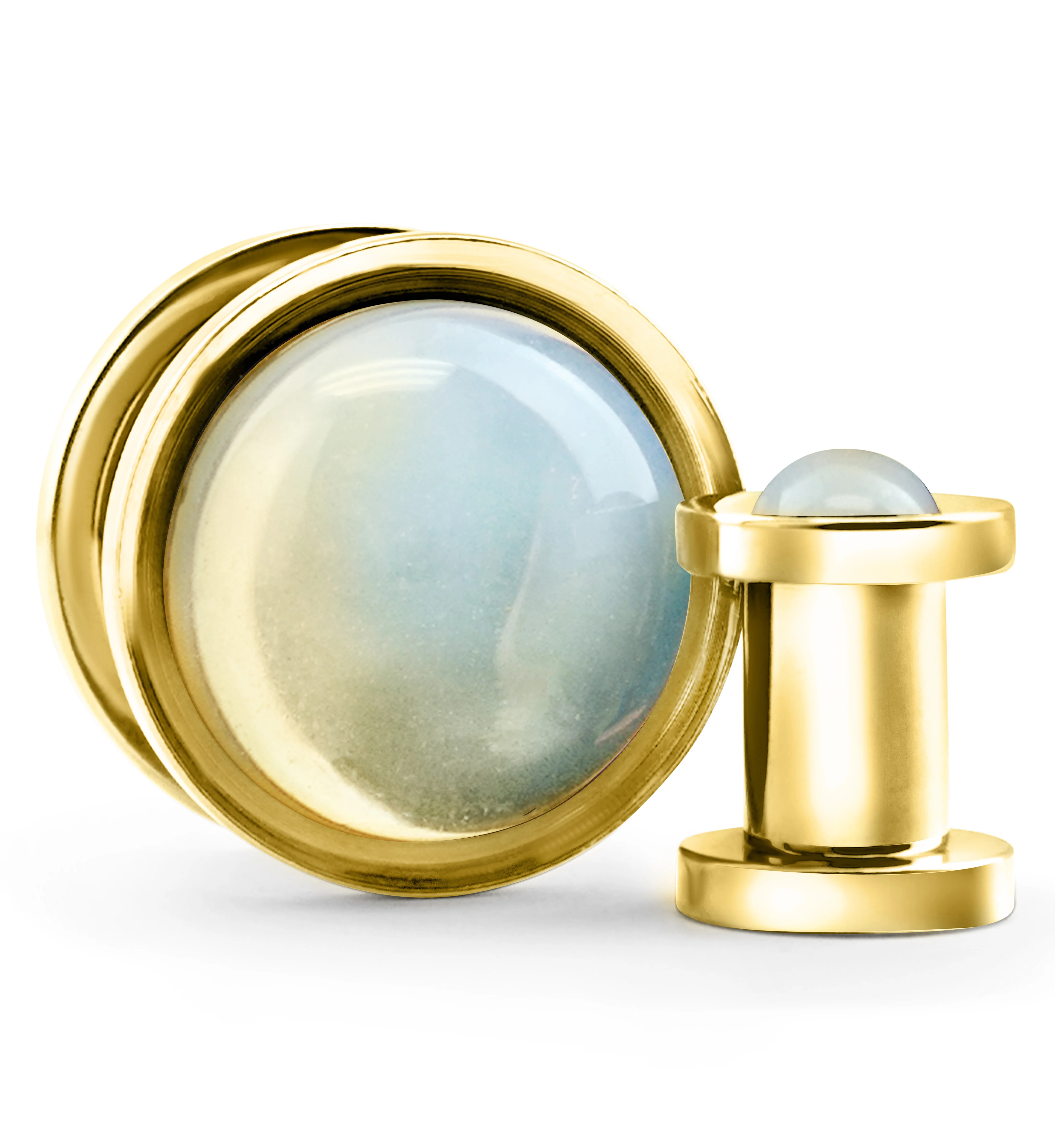 Gold PVD Cabochon White Opalite Stainless Steel Screw Back Tunnel Plugs - Mrs Treak