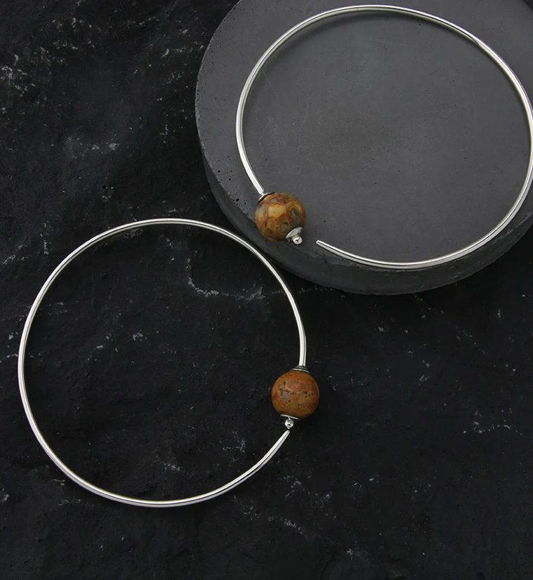 Crazy Lace Agate Stone Orb White Brass Hangers / Plug Hoops - Mrs Treak