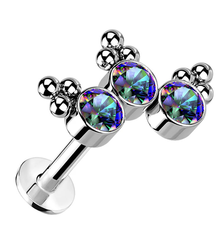 16G Triple Beaded Black Aurora CZ Curve Titanium Threadless Labret - Mrs Treak